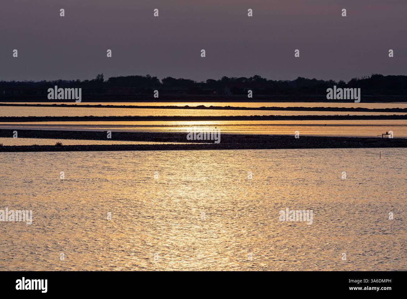 Die Verdunstungsteiche der Salin de Giraud Salzwiesen im Licht der untergehenden Sonne Stockfoto