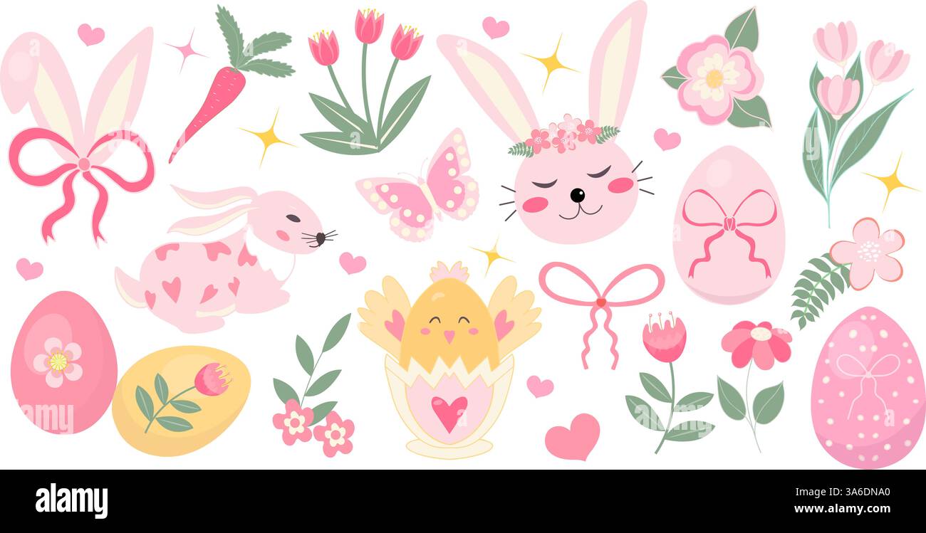 Eine bezaubernde Osterkollektion im Coquette-Stil, mit dekorierten Eiern, Häschen, Blumen und Bögen. Ideal für feminine Schreibwaren und Kinderprojekte Stock Vektor