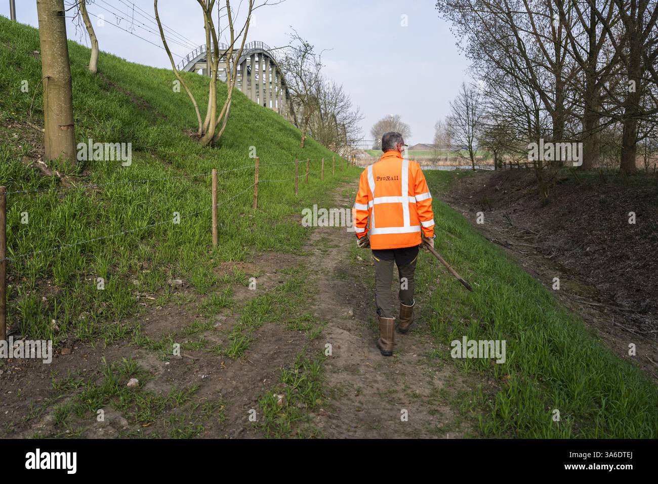 RAVENSTEIN - Ein Mitarbeiter von ProRail sucht nach Schäden, die durch Dachse entlang der Gleise in der Nähe des Maasdijk in Ravenstein verursacht wurden. ProRail hat in den letzten zwei Jahren Hunderte Dachsgleise entlang der Bahngleise entdeckt. Dazu gehören Kot und Grabketten. In etwa 10 Prozent der Fälle wird ProRail untersuchen, ob Maßnahmen in der Nähe der Gleise erforderlich sind. ANP JEROEN JUMELET niederlande Out - belgien Out Stockfoto