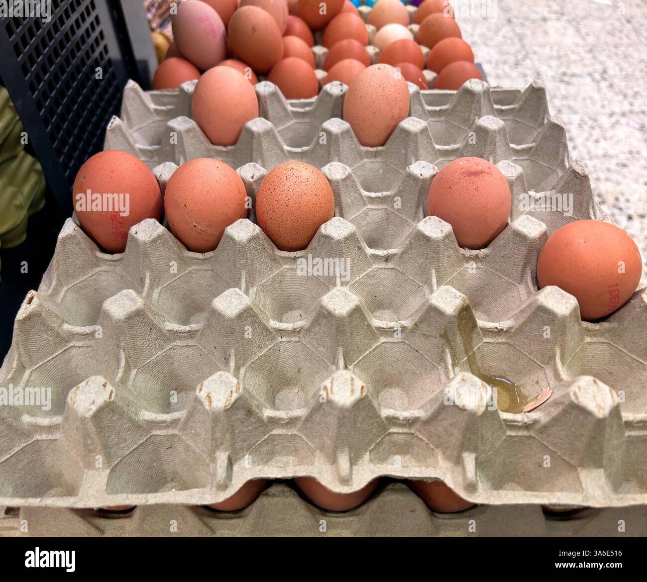 Hier im Bild Eier im Supermarkt in einem Eierkarton, Verpackung, Hühnerei, Eierknappheit, Preisanstieg, leere Regale, wenig Eier, große Nachfrage, die obere Lage ist fast leer, braune Eier, Smartphonebild *** hier im Bild Eier im Supermarkt in einem Eierkarton, Verpackung, Hühnerei, Eierknappheit, Preiserhöhung, leere Regale, wenige Eier, hohe Nachfrage, die oberste Schicht ist fast leer, braune Eier, Smartphone-Bild Stockfoto