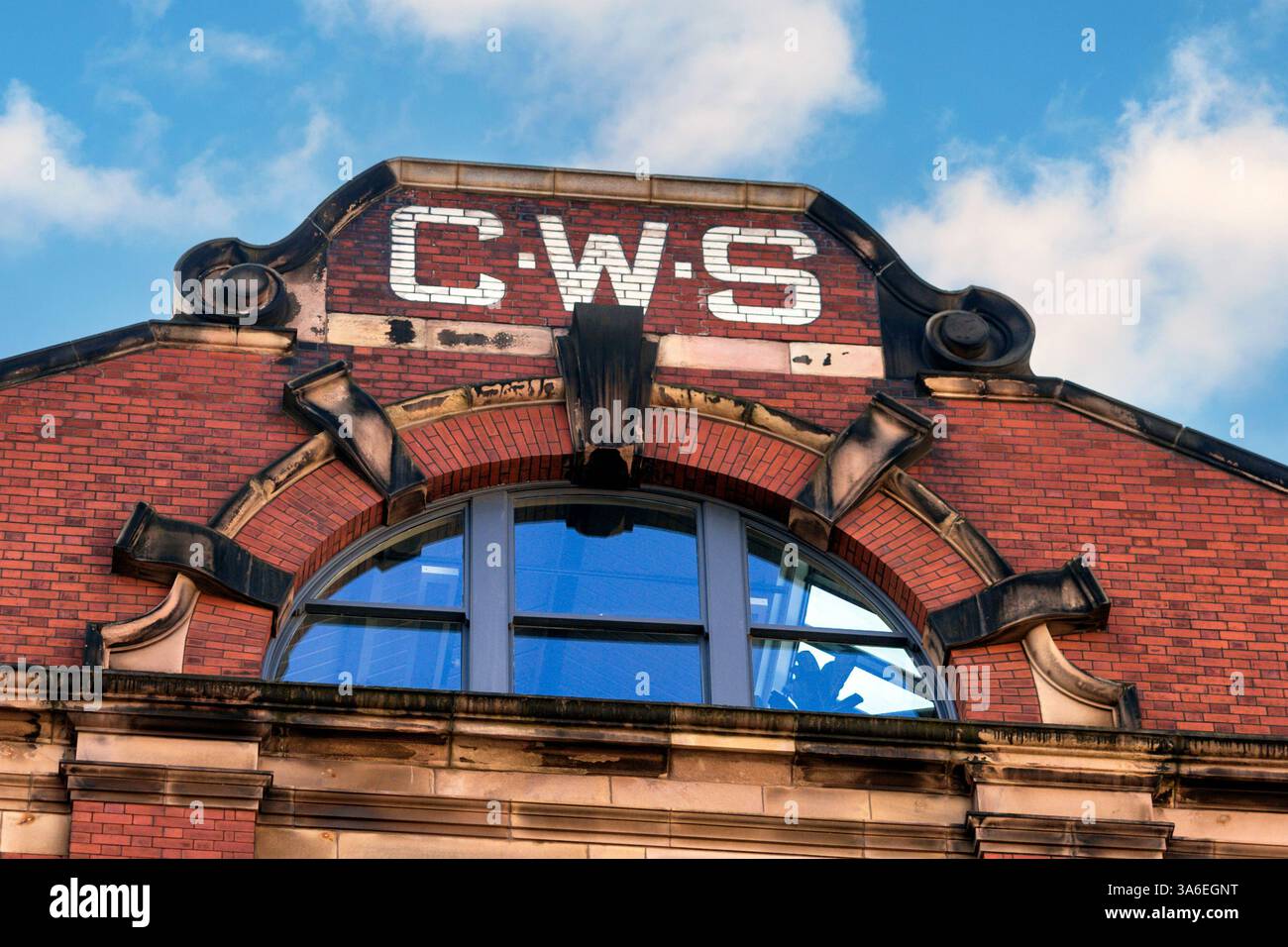Unterschreiben Sie das Gebäude der Co-operative Wholesale Society. Ballon Street, Manchester. Stockfoto