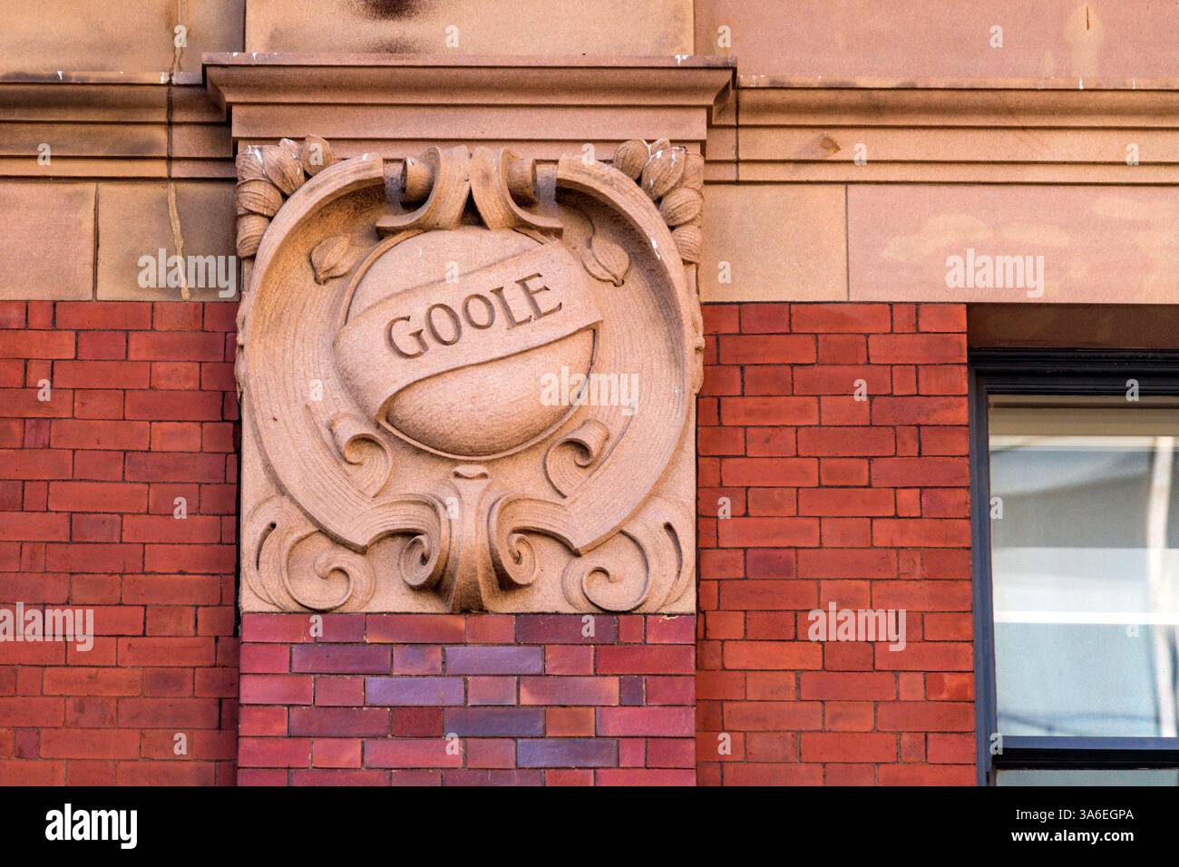 Ston Freize ist mit der Stadt Goole beschriftet. Gebäude der Genossenschaftsgesellschaft. Ballon Street, Manchester. Stockfoto