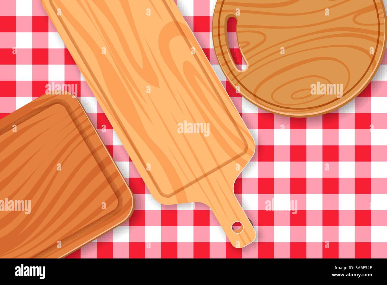 Leere hölzerne Schneidebretter in verschiedenen Formen auf roter karierter Tischdecke oder Karo. Vektor-Zeichentrick-Illustration. Kochen- und Rezeptdesign-Elemente. Stock Vektor