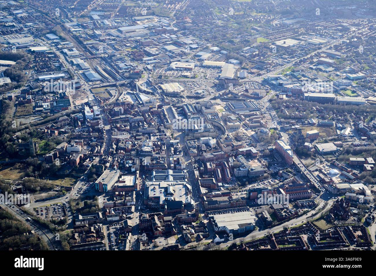 Eine Luftaufnahme des Bolton Town Centre im Nordwesten Englands, Großbritannien Stockfoto