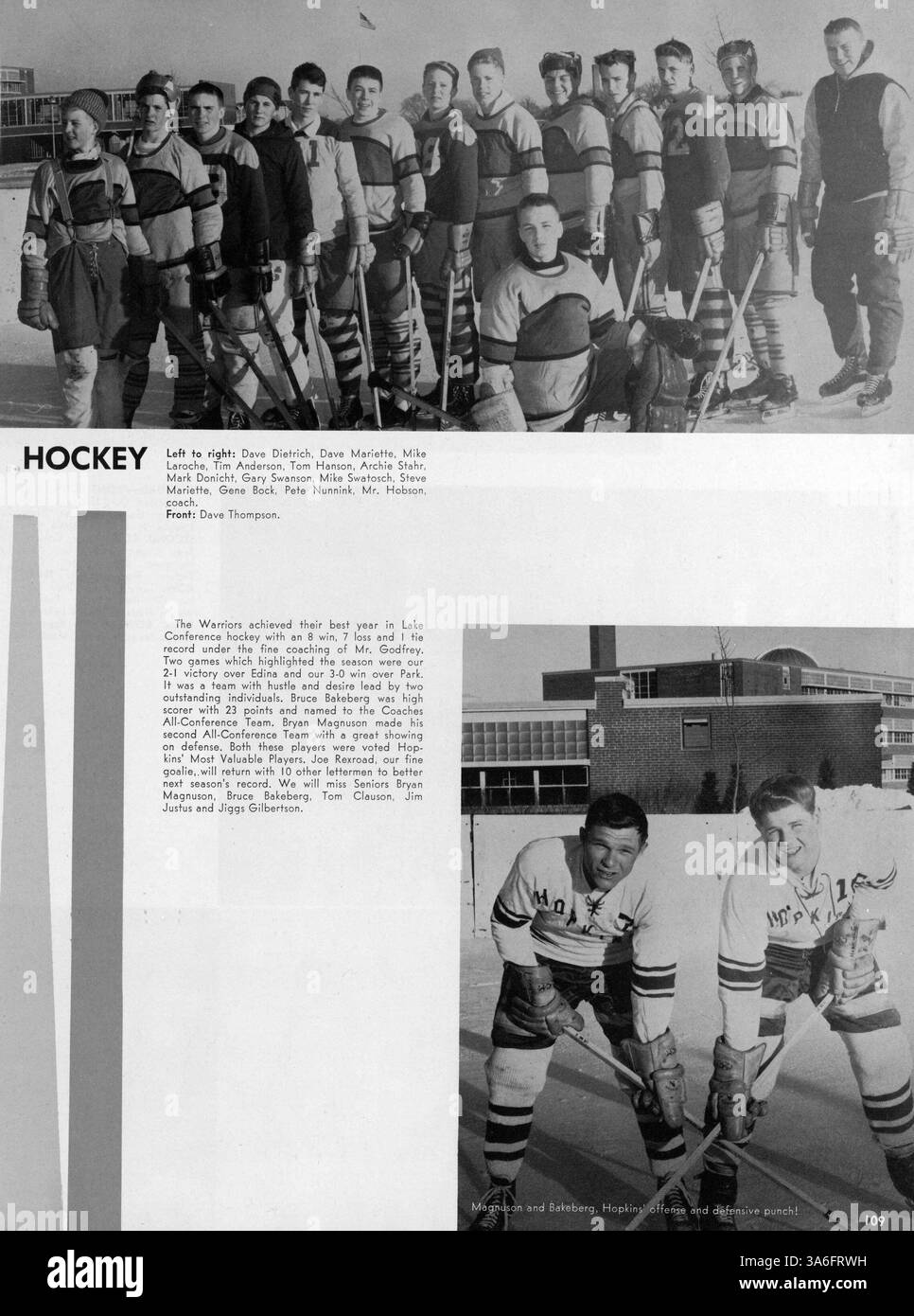Diese Ausgabe des Jahrbuchs „62 Warrior“ 1962 der Hopkins High School zeigt die Schüler, Lehrer, Vereine, Leichtathletik und bedeutende Ereignisse aus dem Schuljahr 1961-1962. Stockfoto