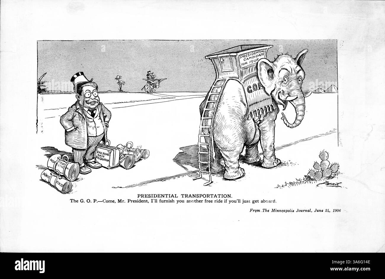 Ein politischer Cartoon zeigt, wie der GOP-Elefant Präsident Roosevelt eine Freifahrt anbietet, um mehrere Gesetzesvorlagen zu unterstützen, obwohl Roosevelt sich 1908 weigerte, für das Amt des Präsidenten zu kandidieren. Stockfoto