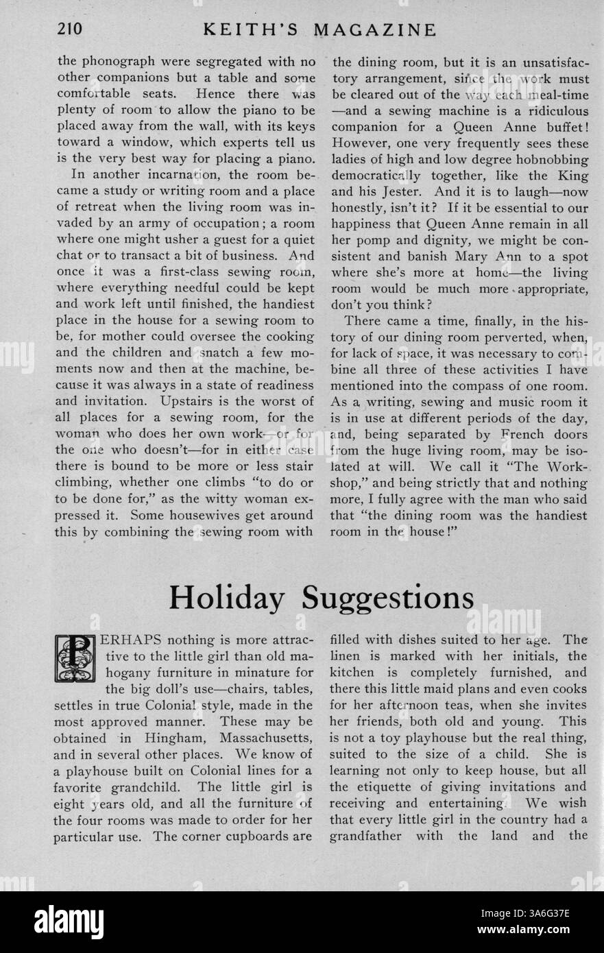 Keith’s Magazine, eine Publikation des Architekten Max L. Keith aus dem Jahr 1919, enthält eine Reihe von 12 Ausgaben, die verschiedene Hausdesigns, Grundrisse und Illustrationen zeigen. Das Magazin bietet detaillierte Kostenbeschreibungen für den Bau von Häusern in verschiedenen Stilen und enthält Artikel über die Innenarchitektur und Landschaftsgestaltung. Werbeanzeigen für Wohnmöbel und Baumaterialien sind ebenfalls enthalten. Einige Ausgaben enthalten Pläne für Kirchen und Schulen. Band 42, Nr. 3 fehlende Seiten 109-112. Stockfoto