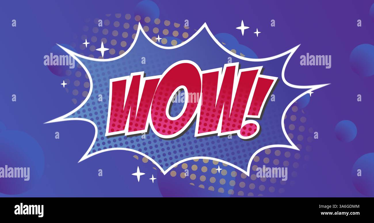 WOW im Comic-Stil! Text in lebendigem Pop-Art-Design mit dynamischem Hintergrund. Retro, Comic, Grafikdesign, Typografie, explosiv, farbenfroh Stockfoto