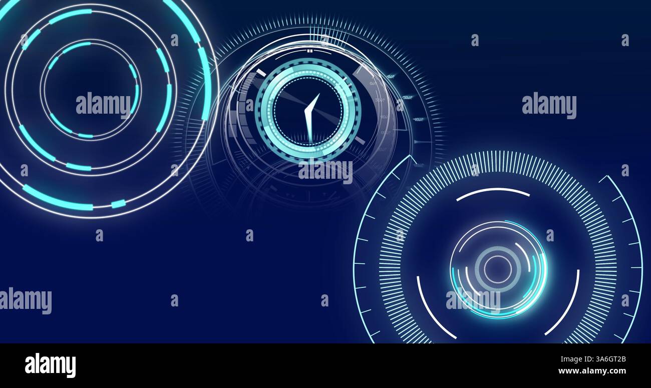 Bild der Oszilloskope, die sich schnell auf blauem Hintergrund bewegen. Globale Technologie, digitales Schnittstellenkonzept digital generiertes Bild. Stockfoto