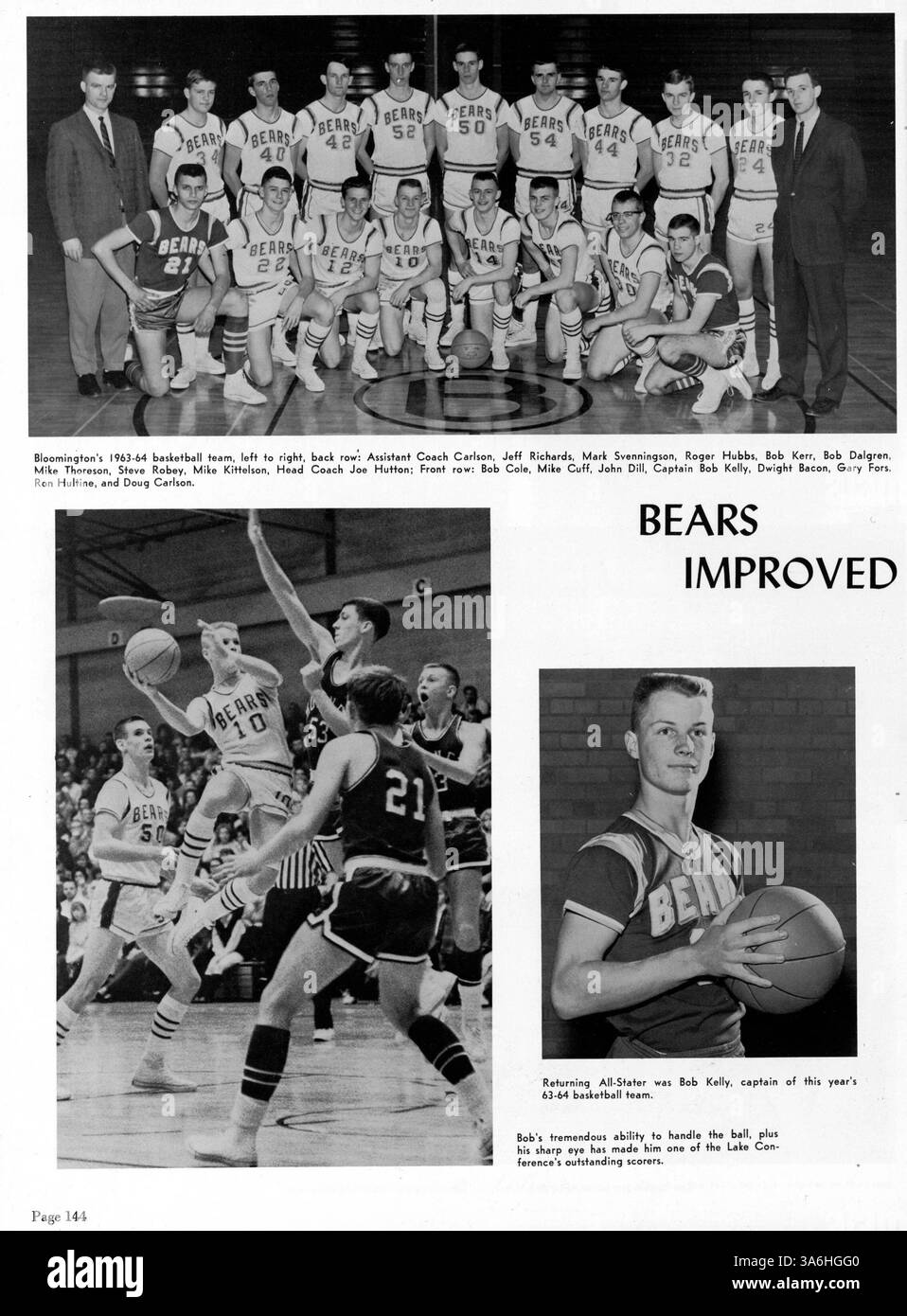 Diese Ausgabe des Jahrbuchs „64 Bear“ der Bloomington High 1964 dokumentiert das Leben der Schüler, die Teilnahme an Lehrkräften, Schulclubs, Sportveranstaltungen und Höhepunkte des akademischen Jahres 1963-1964. Stockfoto