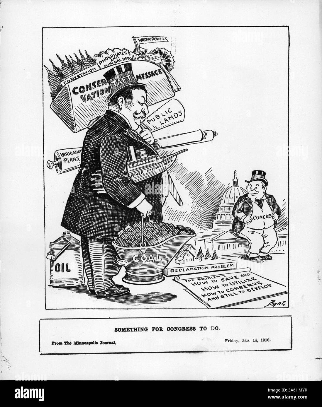 Eine politische Illustration, die Präsident Taft zeigt, wie er die natürlichen Ressourcen des Landes hält und den Kongress vor die Herausforderung stellt, Entwicklung und Erhaltung in Einklang zu bringen. Stockfoto Eine politische Illustration, die Präsident Taft zeigt, wie er die natürlichen Ressourcen des Landes hält und den Kongress vor die Herausforderung stellt, Entwicklung und Erhaltung in Einklang zu bringen. Stockfoto