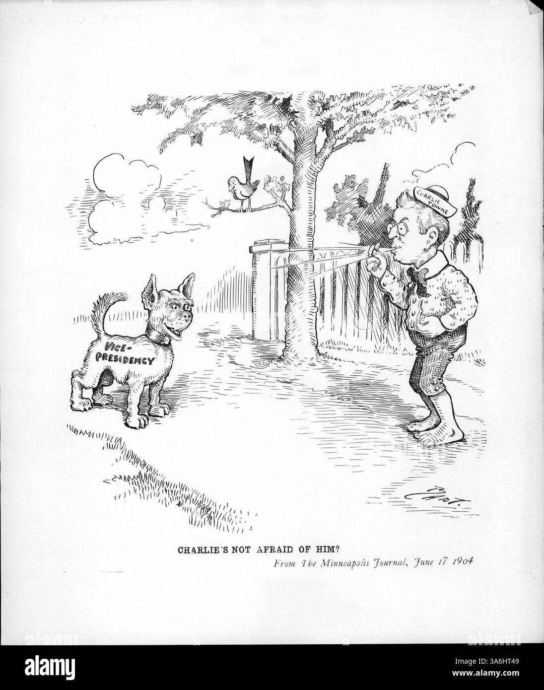 Ein humorvoller politischer Cartoon, in dem Charles Towne einen Hund mit der Bezeichnung "Vize-Präsidentschaft" anpfeift und Gerüchte hervorhebt, dass er eine Nominierung für den Vizepräsidenten akzeptieren könnte, die traditionell als weniger wünschenswerte politische Rolle angesehen wird. Stockfoto Ein humorvoller politischer Cartoon, in dem Charles Towne einen Hund mit der Bezeichnung "Vize-Präsidentschaft" anpfeift und Gerüchte hervorhebt, dass er eine Nominierung für den Vizepräsidenten akzeptieren könnte, die traditionell als weniger wünschenswerte politische Rolle angesehen wird. Stockfoto