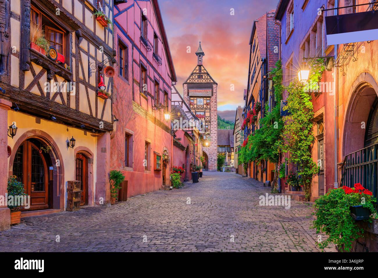 Riquewihr, Frankreich. Malerische Straße mit traditionellen Fachwerkhäusern an der elsässischen Weinstraße. Stockfoto
