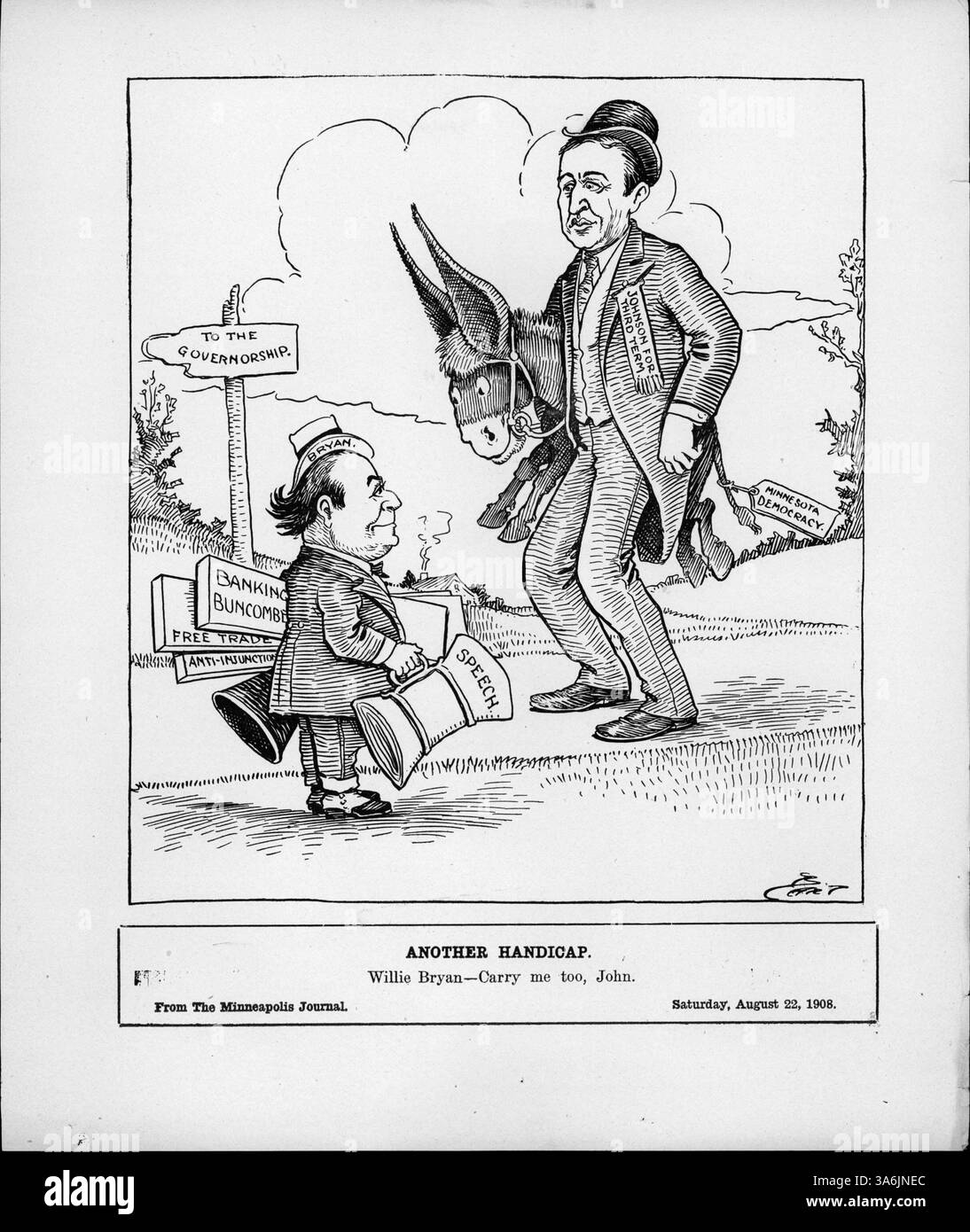 In diesem politischen Zeichentrick wird die Nominierung von Johnson für eine dritte Amtszeit als Gouverneur dargestellt. Bryan, zufrieden mit der Wahl, bittet Johnson humorvoll, ihn mitzunehmen, was die politische Dynamik der damaligen Zeit widerspiegelt. Stockfoto