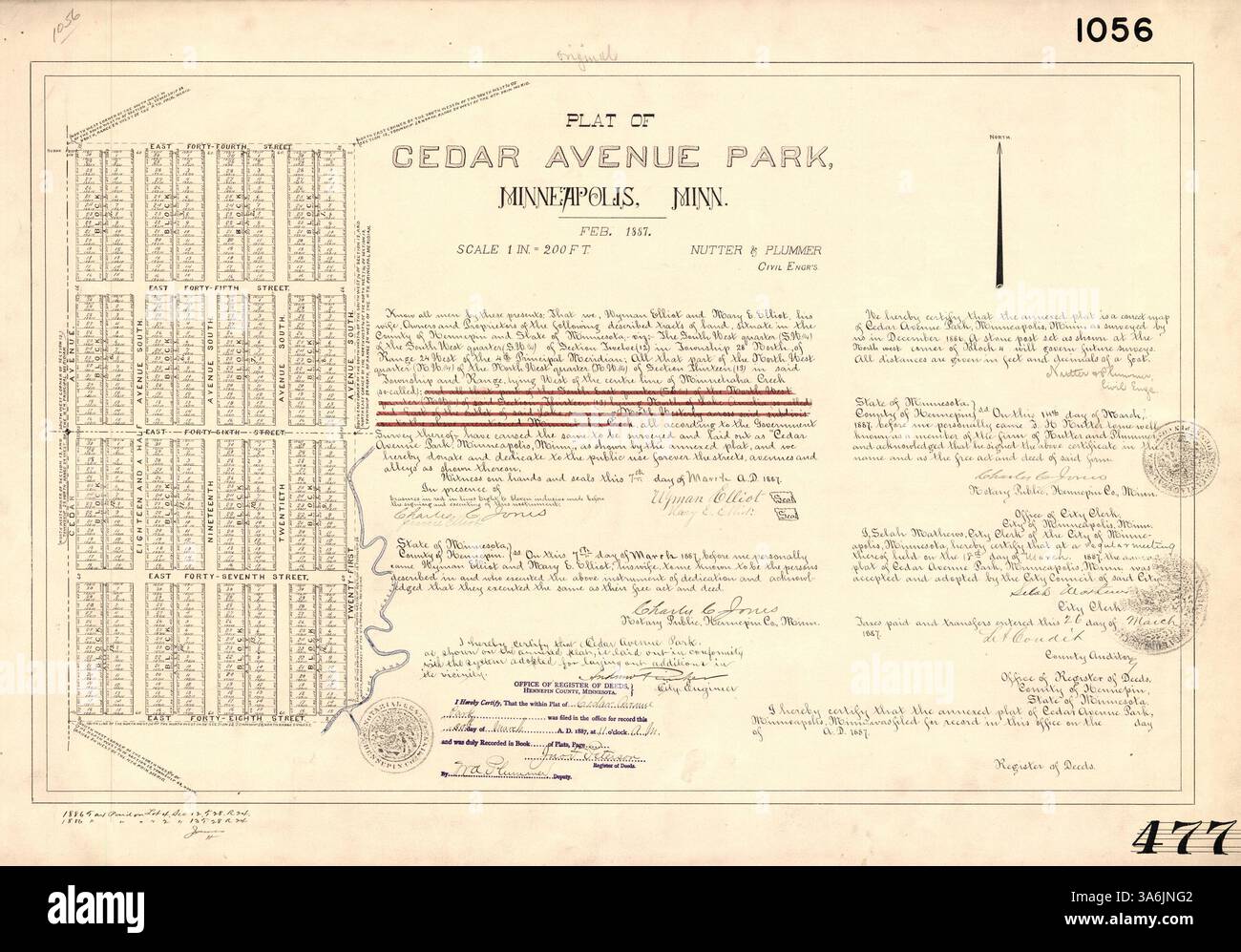 Der Plat of Cedar Avenue Park in Minneapolis beschreibt die Entwicklung dieses öffentlichen Parks. Es enthält eine detaillierte Darstellung der Grenzen und Merkmale des Parks, die als Entwurf für die Entwicklung des Gebiets zu Erholungszwecken dienen. Stockfoto