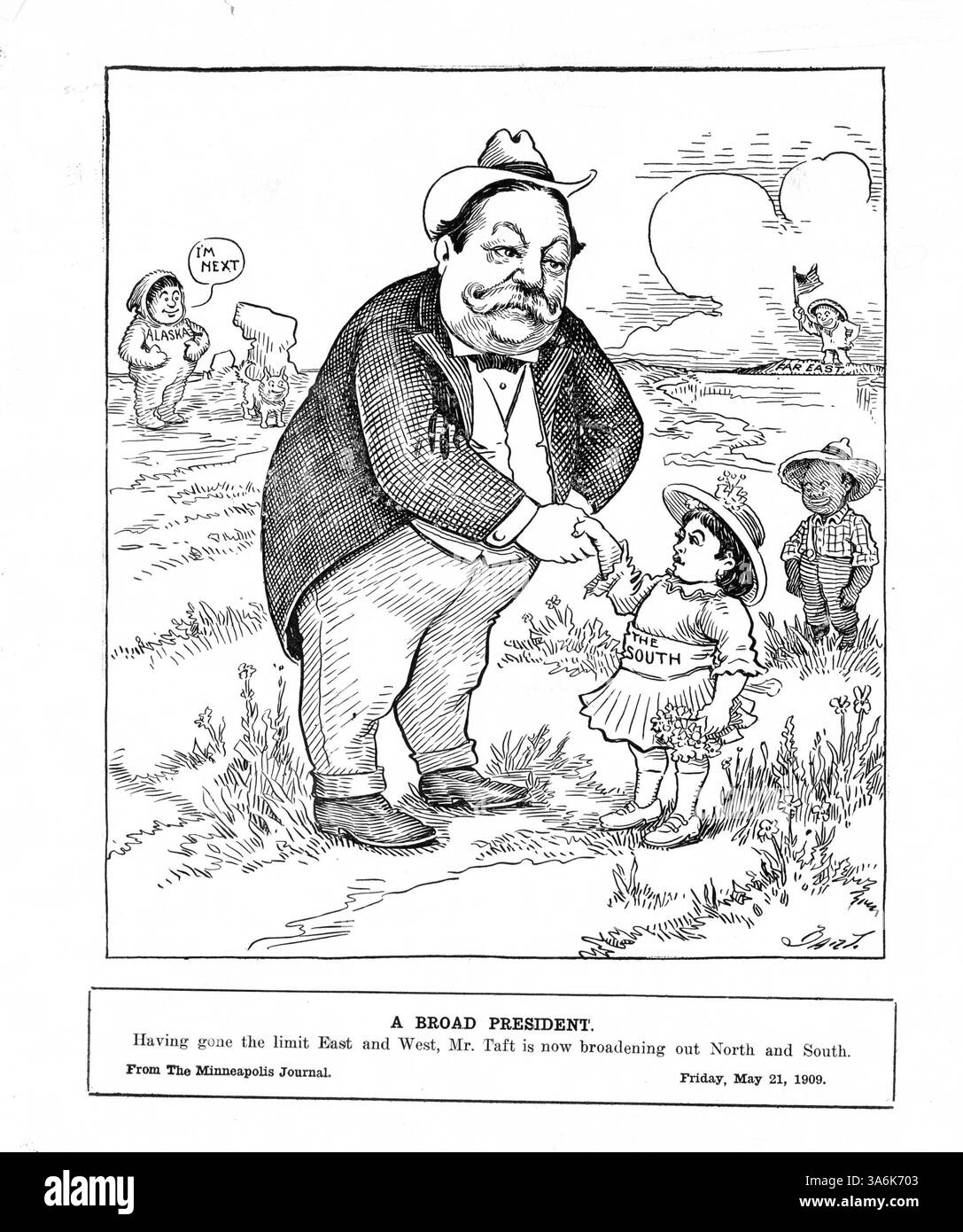 Dieser politische Cartoon zeigt, wie Präsident Taft dem Süden die Hand schüttelt, während Alaska behauptet: "Ich bin der nächste". Das Bild symbolisiert Tafts Bemühungen, seinen politischen Einfluss sowohl in den südlichen als auch in den westlichen Regionen auszuweiten, wobei er sich auf seine Versuche konzentriert, während seiner Präsidentschaft an eine vielfältige Wählerschaft zu appellieren. Stockfoto