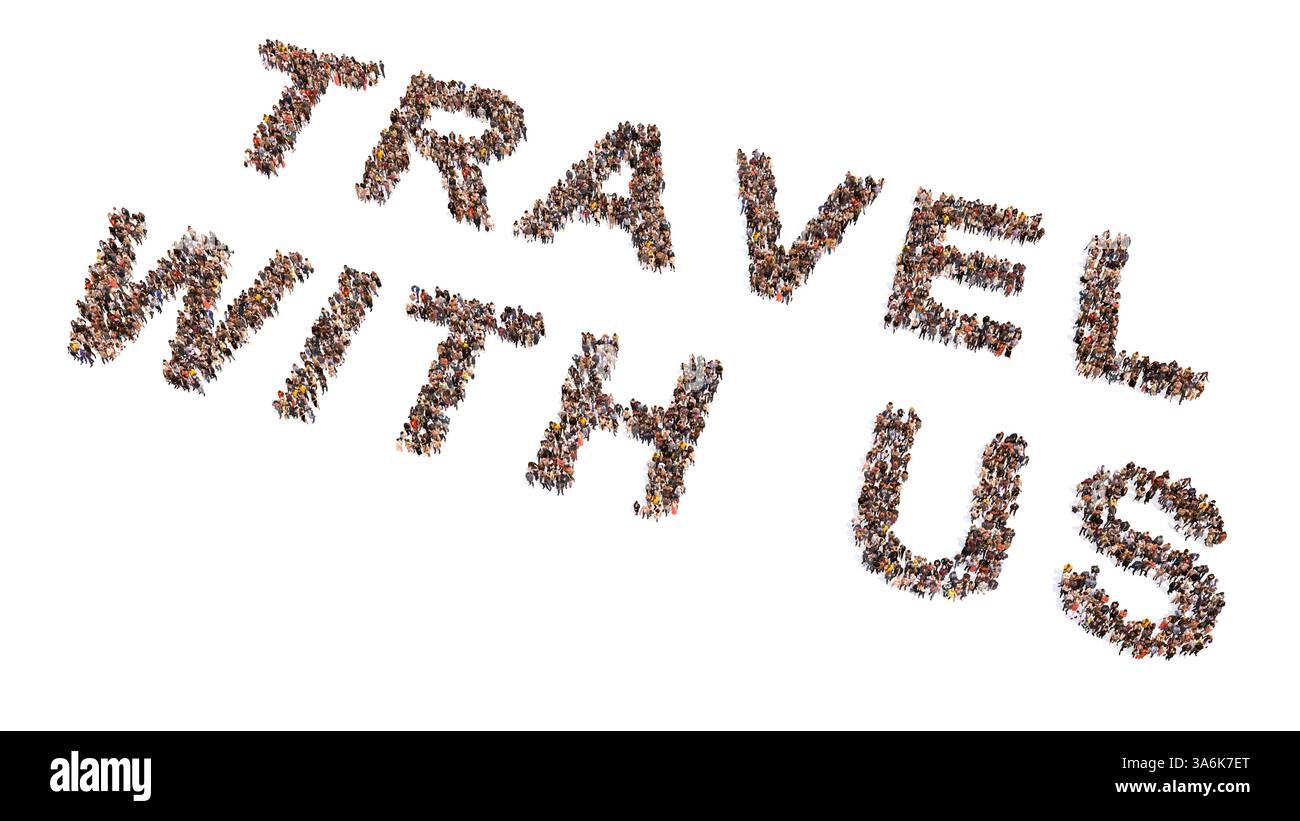 Konzept konzeptionelle große Gemeinschaft von Menschen bilden REISE Wort. 3D Illustration Metapher für Urlaub, Reise, Abenteuer, Spaß, glücklich, Lifestyle Stockfoto
