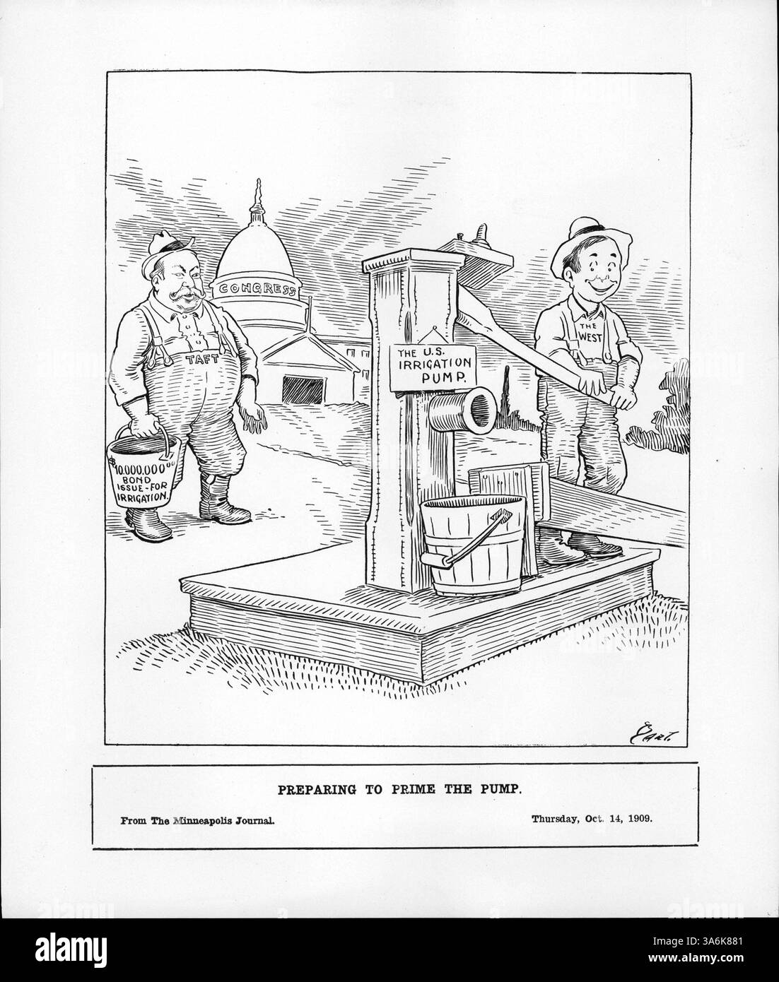 Eine politische Illustration von Präsident Taft, der einen Wassereimer hält, um eine Pumpe für Bewässerung im Westen zu befüllen. Der Mann, der den Westen vertritt, wartet darauf, ihn zu nutzen und symbolisiert damit die Anleihefrage für die westliche Entwicklung. Stockfoto