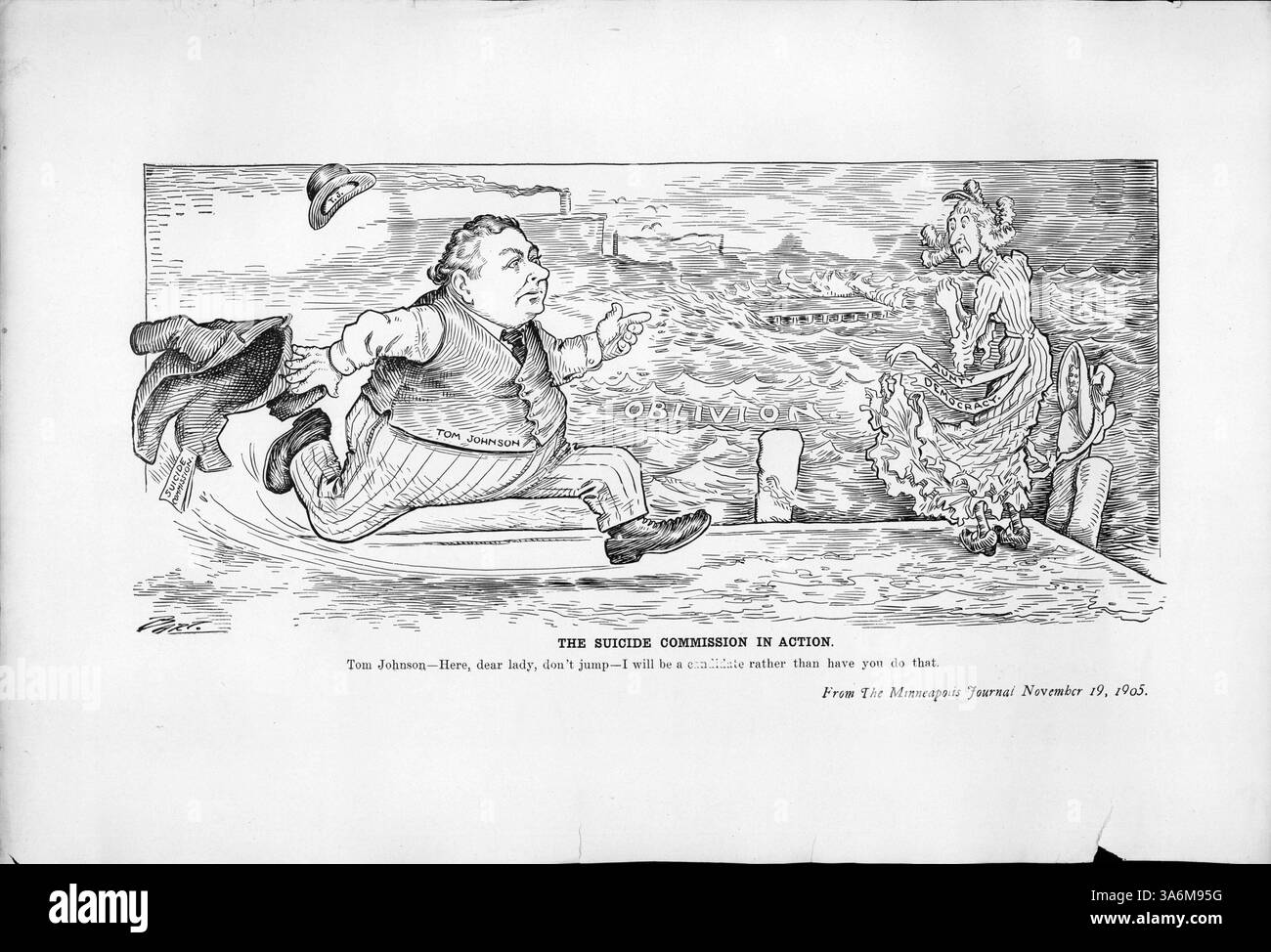 Tom Johnson, Bürgermeister von Cleveland, arbeitet daran, Tante Democracy daran zu hindern, ihr Leben zu beenden, indem er eine kommission zur Verhinderung von Selbstmorden in Cleveland ernennt. Die Überschrift lautet: "Tom Johnson - hier, liebe Dame, springen Sie nicht - ich werde ein Kandidat sein, anstatt Sie das tun zu lassen." Stockfoto