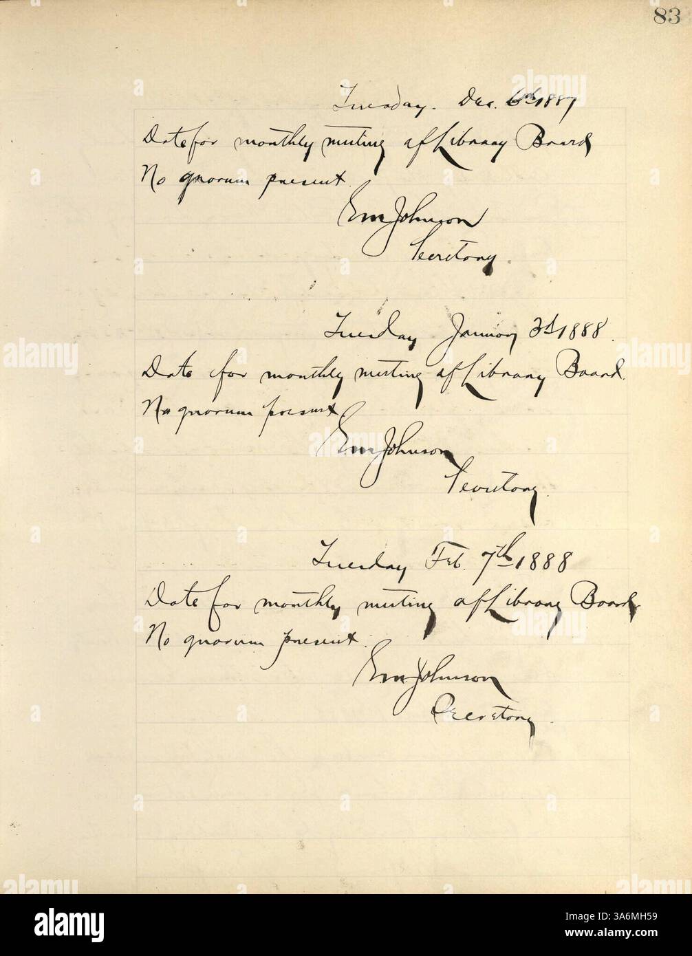 Das Sitzungsprotokoll des Verwaltungsrats der Minneapolis Public Library 1888, in dem die Entscheidungen und Maßnahmen des Verwaltungsorgans der Bibliothek in diesem Jahr dokumentiert werden. Stockfoto