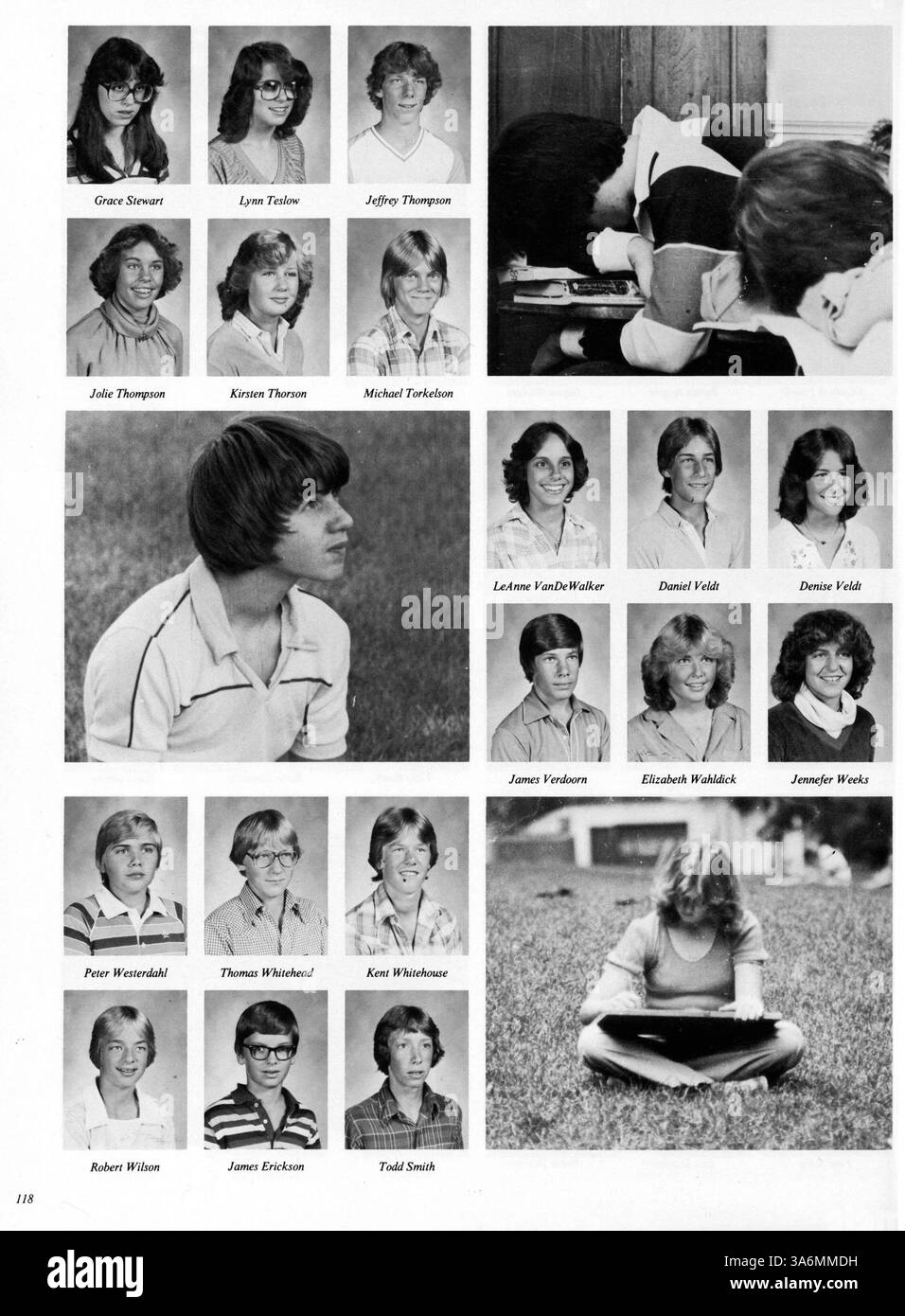 Die Ausgabe 1980 des Antler Jahrbuchs der Minnehaha Academy dokumentiert das Leben von Schülern, Lehrern, Leichtathletik, Vereinen und wichtige Ereignisse aus dem akademischen Jahr 1979-1980. Die Seiten 55, 56 und 59-62 fehlen. Stockfoto