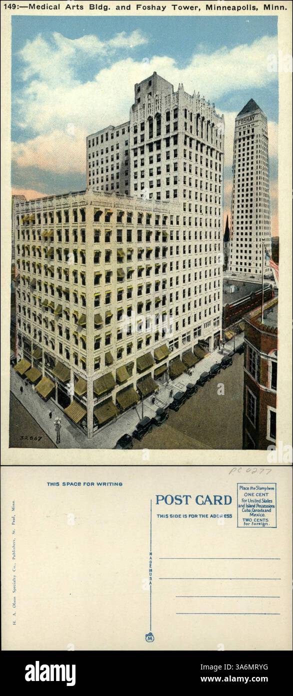 Dieses Foto zeigt das Medical Arts Building und den Foshay Tower, berühmte Gebäude in Minneapolis, Teil der historischen Skyline der Stadt. Stockfoto