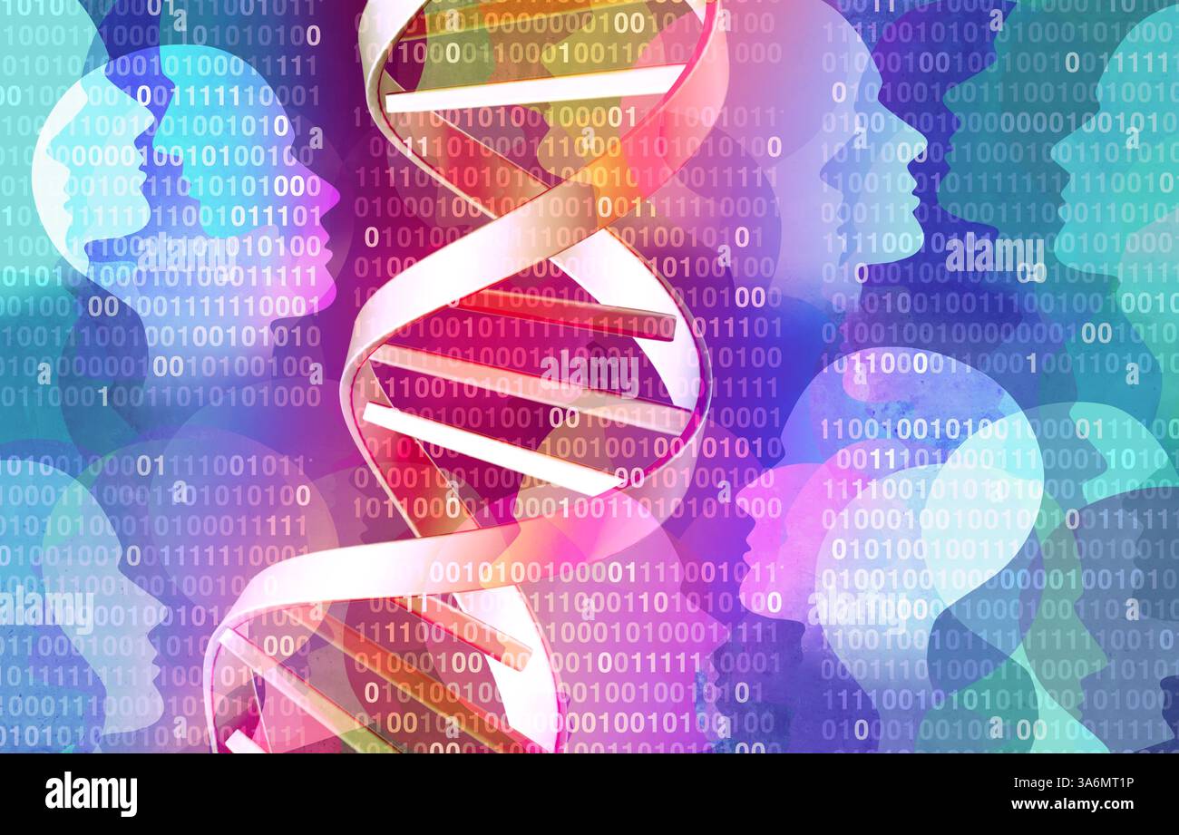 Genetische Daten und persönliche DNA Informationssicherheit Genetik Datenmissbrauch Sicherheit und persönliche medizinische Informationen als DNA Binärcode Genom Science conc Stockfoto
