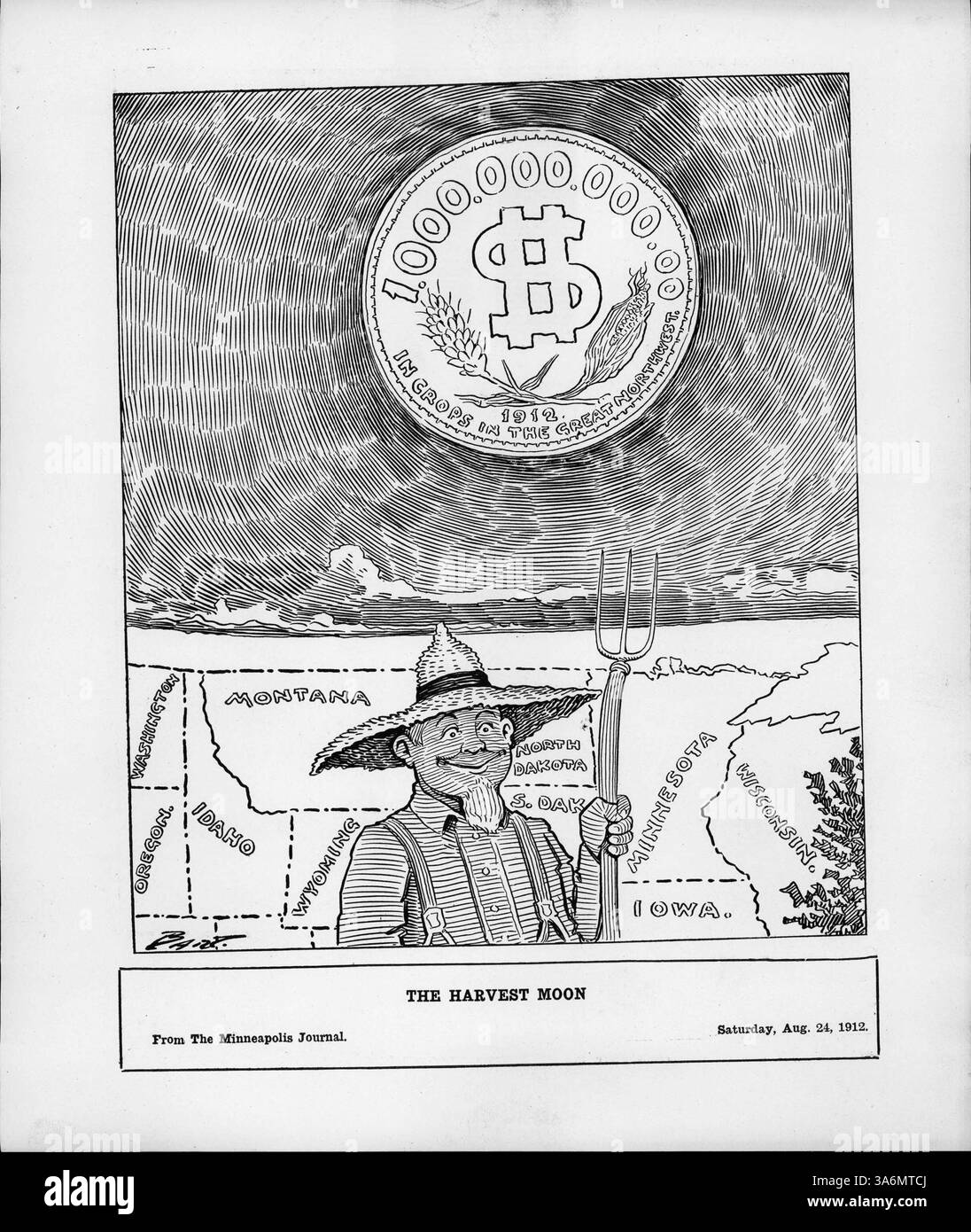 Dieses Bild aus dem Jahr 1912 zeigt einen lächelnden Bauern, der vor einer Karte des Nordwestens der Vereinigten Staaten steht (Idaho, Montana, Wyoming, Dakotas, Minnesota, Wisconsin) zeigt seine Heugabel in Richtung des Erntemondes, der mit „1.000.000.000,00 in Ernten im Großen Nordwesten“ markiert ist. Stockfoto
