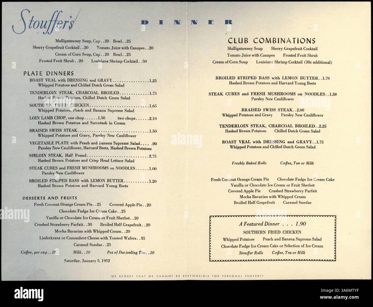 Dieses zweifach gefaltete Abendmenü von Stouffer's zeigt auf dem Cover eine Illustration der Stadt und enthält Vorspeisen, Hauptgerichte, Desserts und Getränke. Die Rückseite zeigt die Restaurants von Stouffer und bietet ein spezielles Dinner-Special. Stockfoto