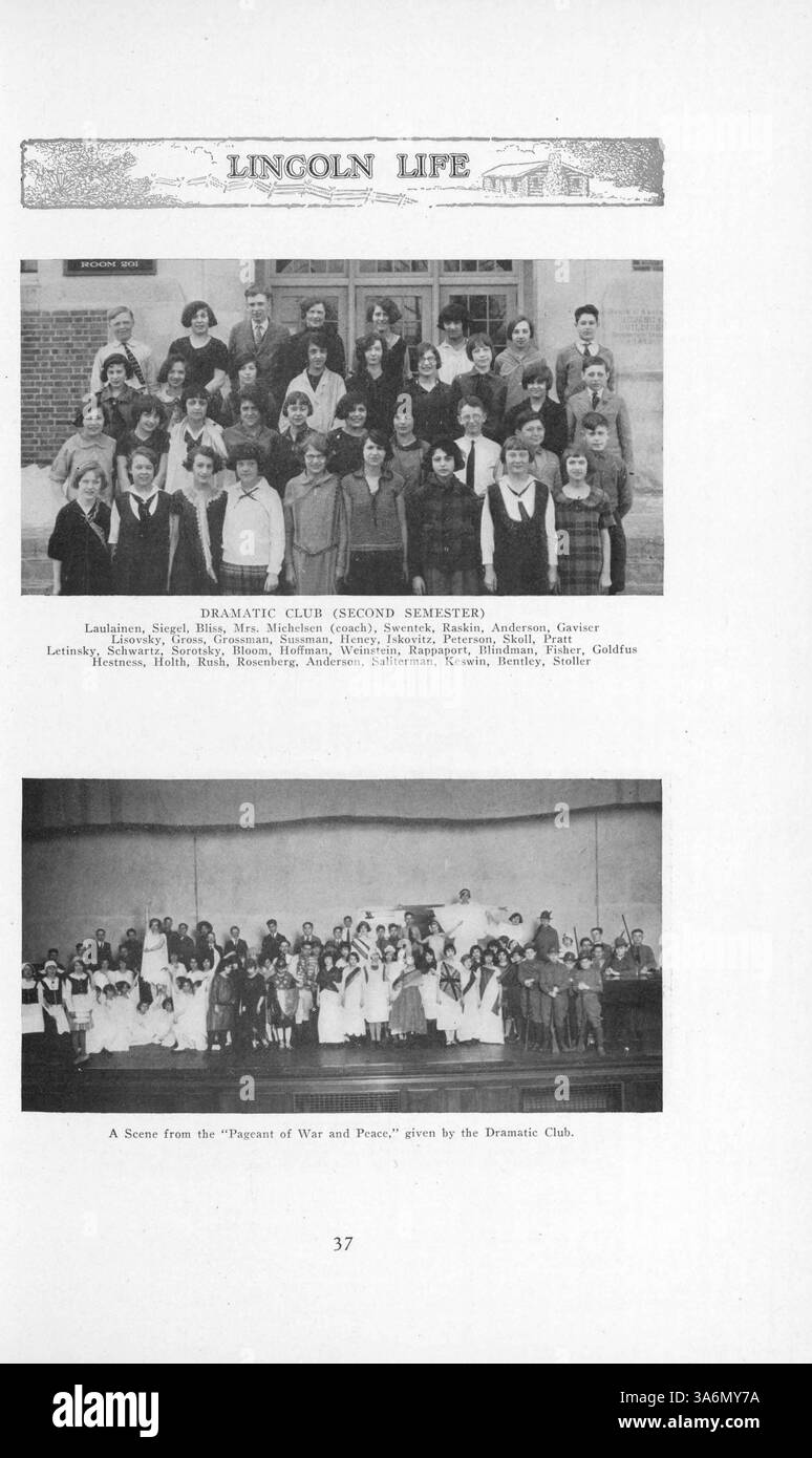 Das 1926 Lincoln Jr. High Yearbook dokumentiert die akademischen und außerschulischen Höhepunkte des Schuljahres 1925-1926 und dokumentiert sowohl Schüler als auch Lehrkräfte an der Schule. Stockfoto