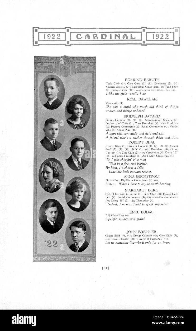 Die Ausgabe 1922 des Jahrbuchs „The Cardinal“ der East High School zeigt wichtige Veranstaltungen, Studentenclubs, Sportmannschaften und Lehrkräfte des akademischen Jahres 1921-1922 in Minneapolis. Stockfoto