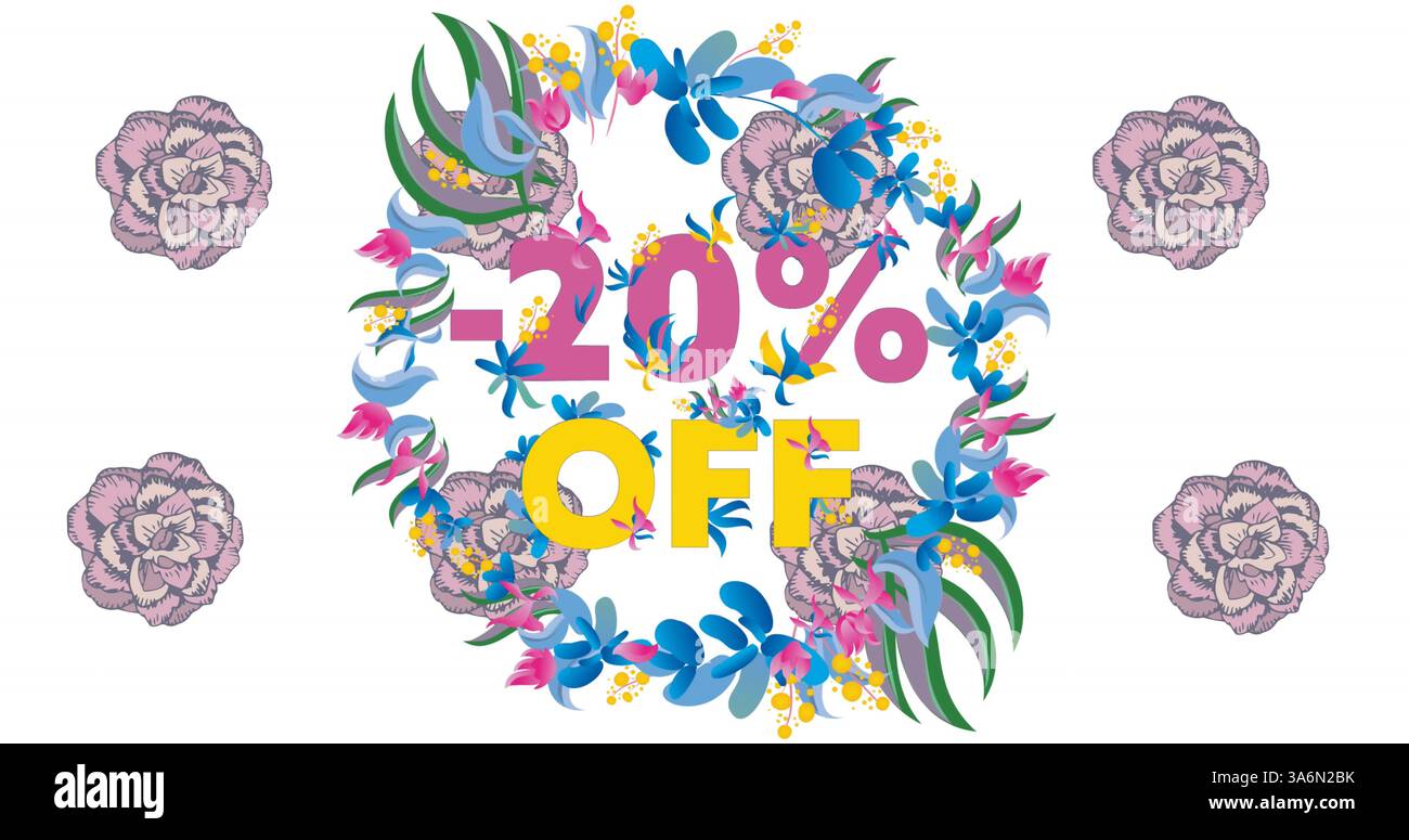 Bild mit 20 % Rabatt auf Text über Blumen im Hintergrund. Retro-Sales-, Einzelhandels- und Sparkonzept digital generiertes Bild. Stockfoto