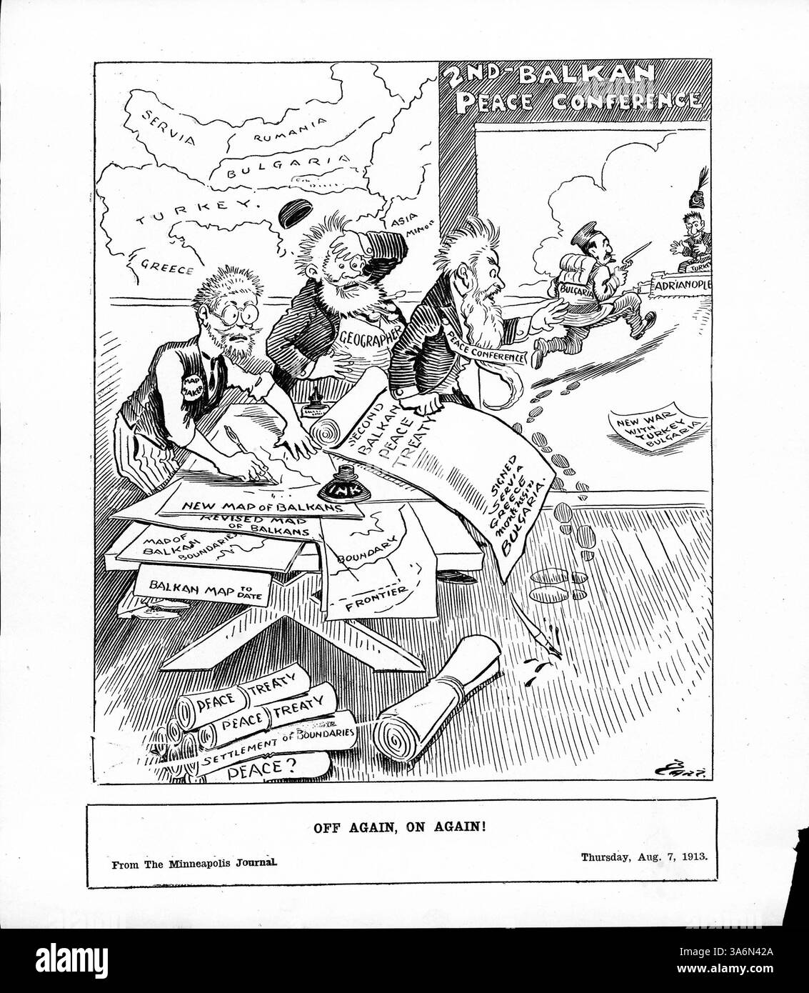 Dieser Cartoon zeigt einen Kartographen und Geographen, der während der 2. Balkanfriedenskonferenz mit der Überarbeitung der Balkankarten zu kämpfen hat, als Bulgarien und die Türkei sich um Adrianopel aufeinanderprallen. Stockfoto