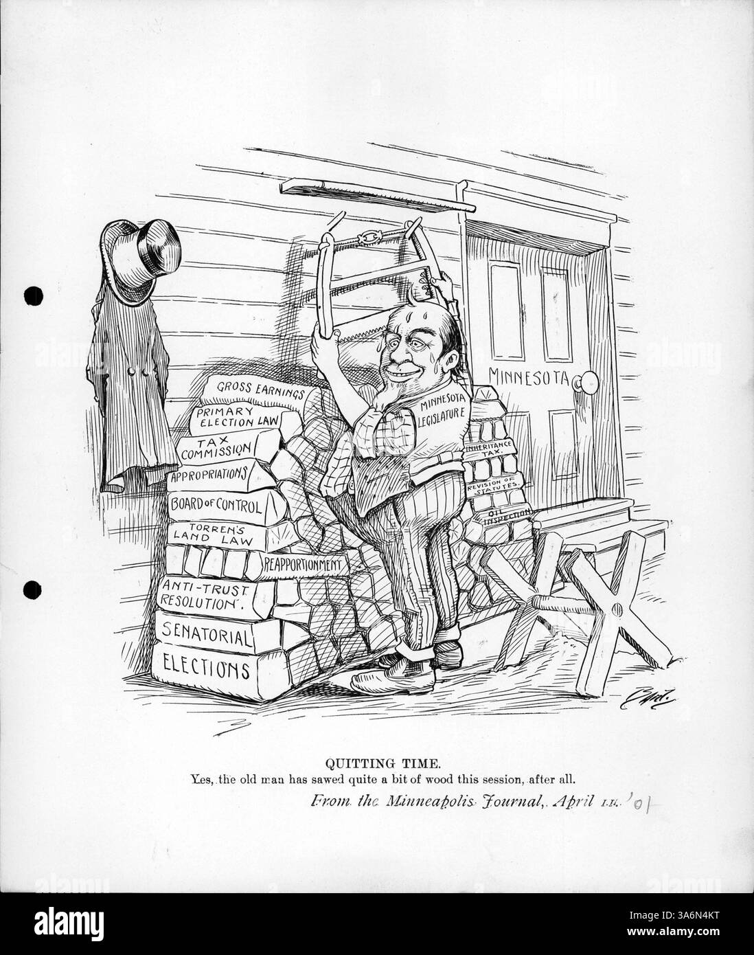 „Beendigungszeit“ zeigt, dass die Legislative von Minnesota nach einer geschäftigen Sitzung eine Pause einlegt, mit Verweisen auf wichtige gesetzgeberische Aktivitäten wie Umverteilung und steuerkommission. Die Bildunterschrift beschreibt humorvoll die fertiggestellten Arbeiten, darunter „Sägen ziemlich viel Holz“. Stockfoto