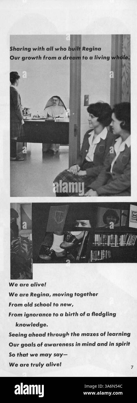 Dieses Jahrbuch der Regina High School 1964 mit dem Titel „Trio“ dokumentiert die akademischen und außerschulischen Höhepunkte des Schuljahres 1963-1964. Sie umfasst die Abdeckung von Studentenclubs, Leichtathletik, Lehrkräften und Studentenleistungen. Stockfoto