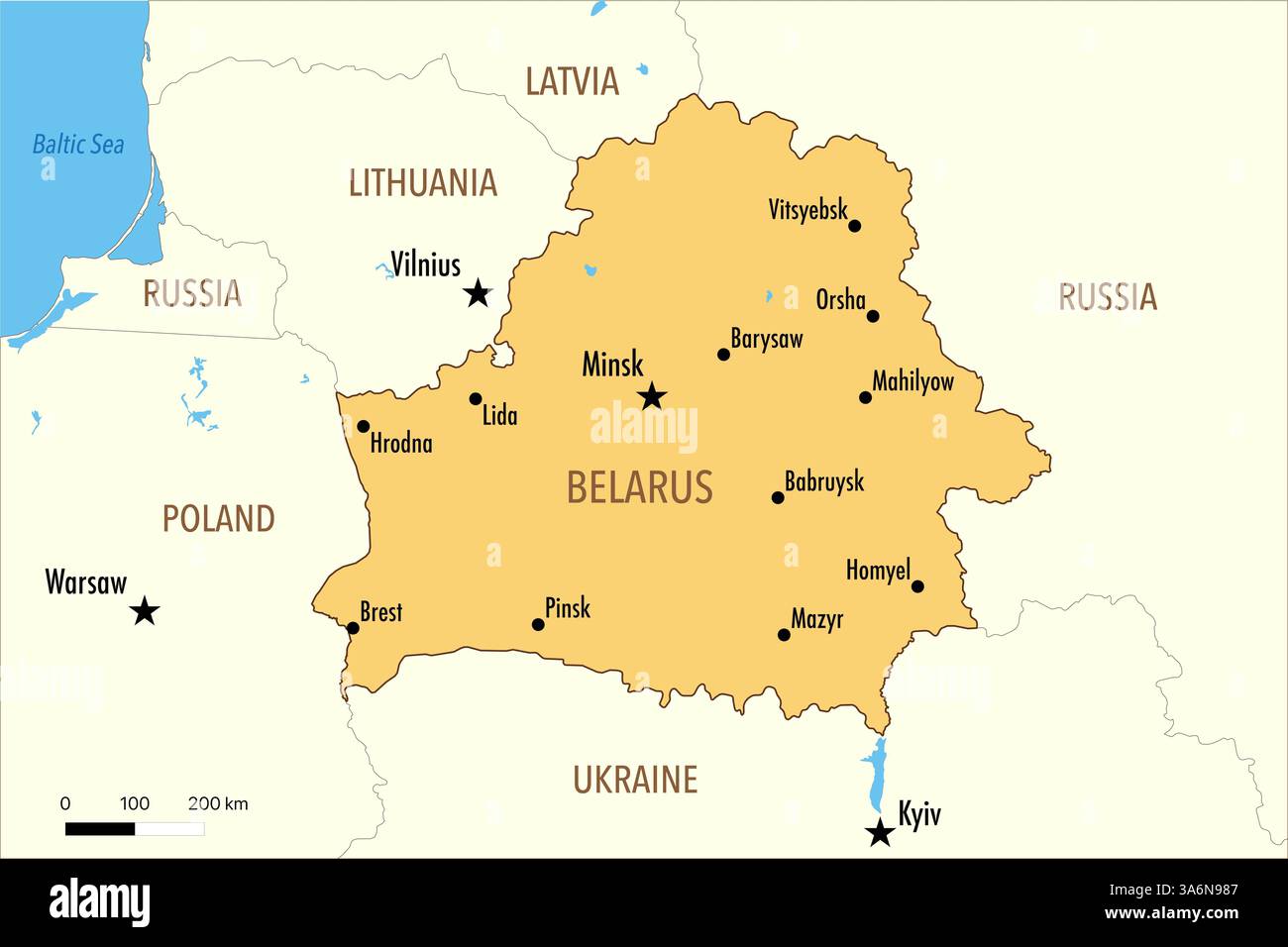 Karte von Belarus mit großen Städten und Nachbarländern Stockfoto