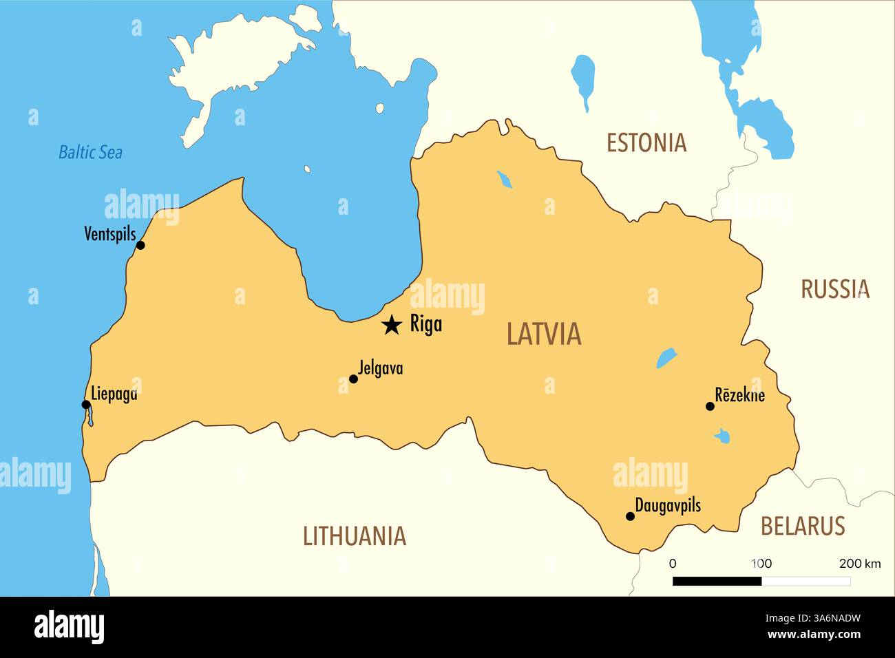 Karte von Lettland mit großen Städten und Nachbarländern Stockfoto