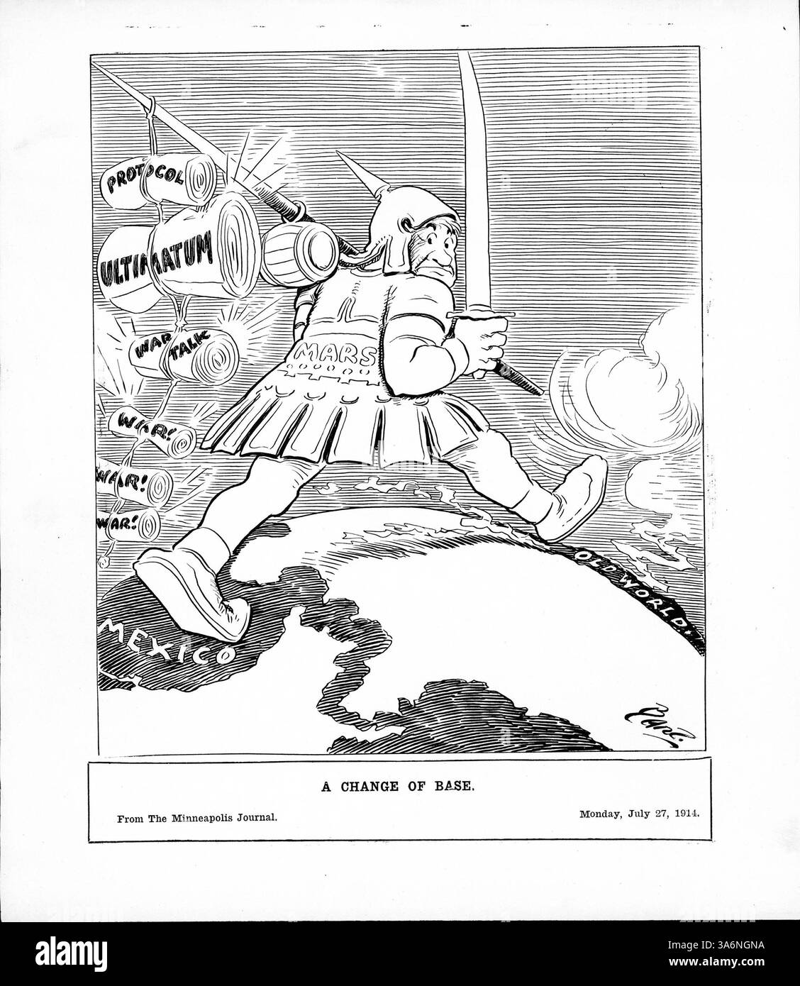 Eine Darstellung des Kriegsgottes Mars, der die Eskalation des Konflikts in Europa als Krieg zwischen Serbien und Österreich symbolisiert, schien Anfang des 20. Jahrhunderts unmittelbar bevorstehen. Stockfoto