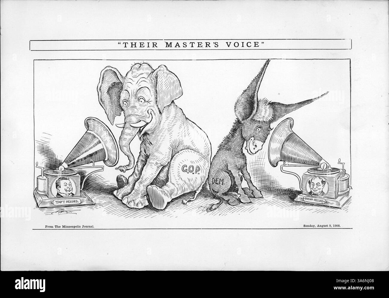 Der Zeichentrick zeigt einen Elefanten und einen Esel, die die republikanischen und demokratischen Parteien symbolisieren und die Reden ihrer jeweiligen Kandidaten auf Phonographen hören. Dies stellt den Einfluss der Medien auf die Politik im frühen 20. Jahrhundert dar. Stockfoto