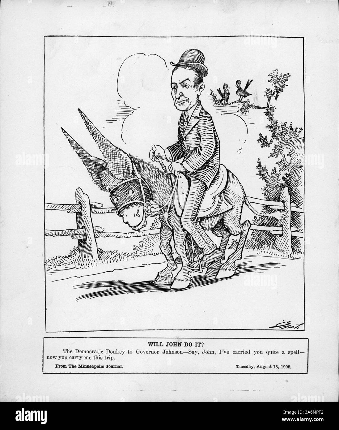 Ein politischer Cartoon, in dem der demokratische Esel mit Gouverneur Johnson spricht und humorvoll vorschlägt, dass er eine dritte Amtszeit antreten sollte, um auf den Druck der Delegierten zu reagieren. Stockfoto