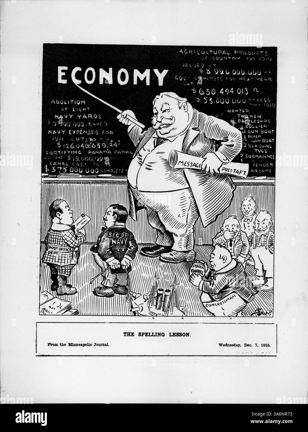 Ein politischer Cartoon, der Präsident Taft in einem Klassenzimmer zeigt, wo er Unterricht in Wirtschaftslehre, einschließlich der Ausgaben für die Marine und des Panamakanals, erteilt. Das Bild zeigt Taft's Bemühungen, die Bundesausgaben zu verwalten. Stockfoto Ein politischer Cartoon, der Präsident Taft in einem Klassenzimmer zeigt, wo er Unterricht in Wirtschaftslehre, einschließlich der Ausgaben für die Marine und des Panamakanals, erteilt. Das Bild zeigt Taft's Bemühungen, die Bundesausgaben zu verwalten. Stockfoto