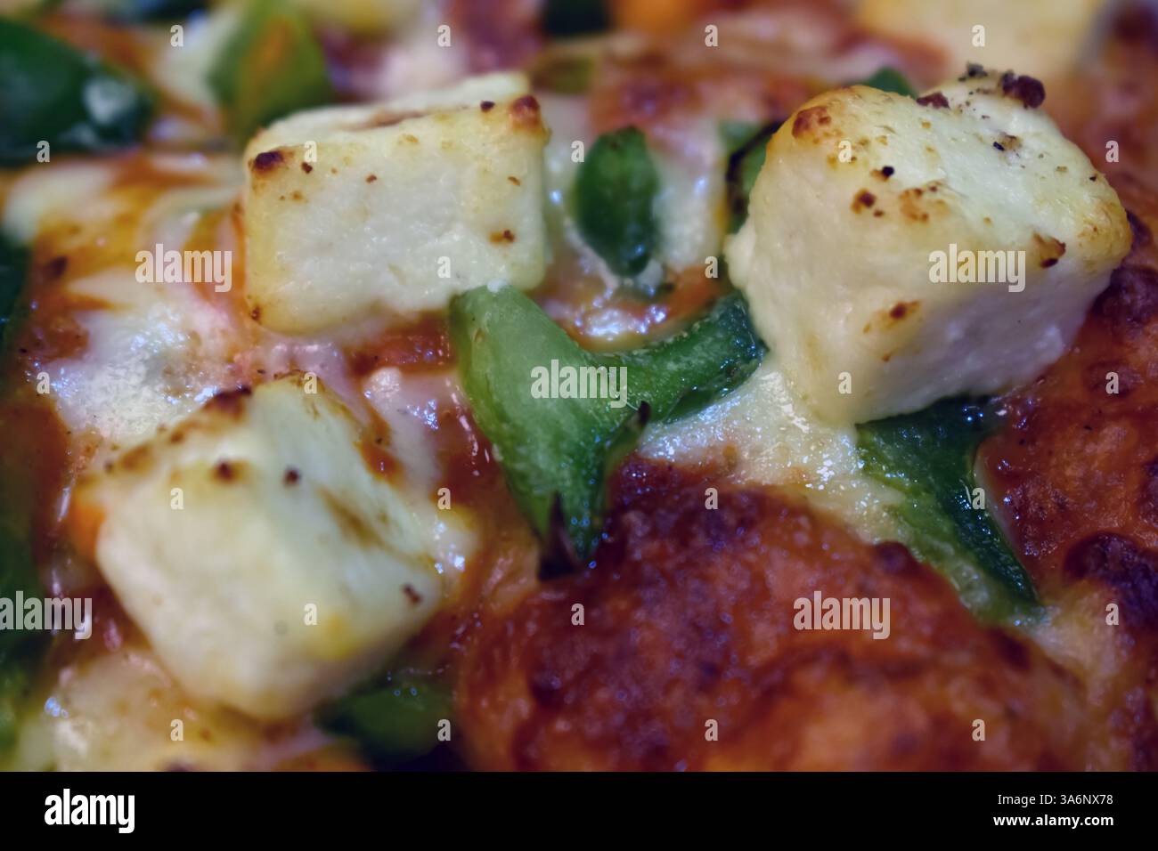Paneer Pizza ist eine indische Version italienischer Gerichte mit Cottage Cheese, serviert auf einem Teller mit weißer Sauce. Selektiver Fokus Stockfoto