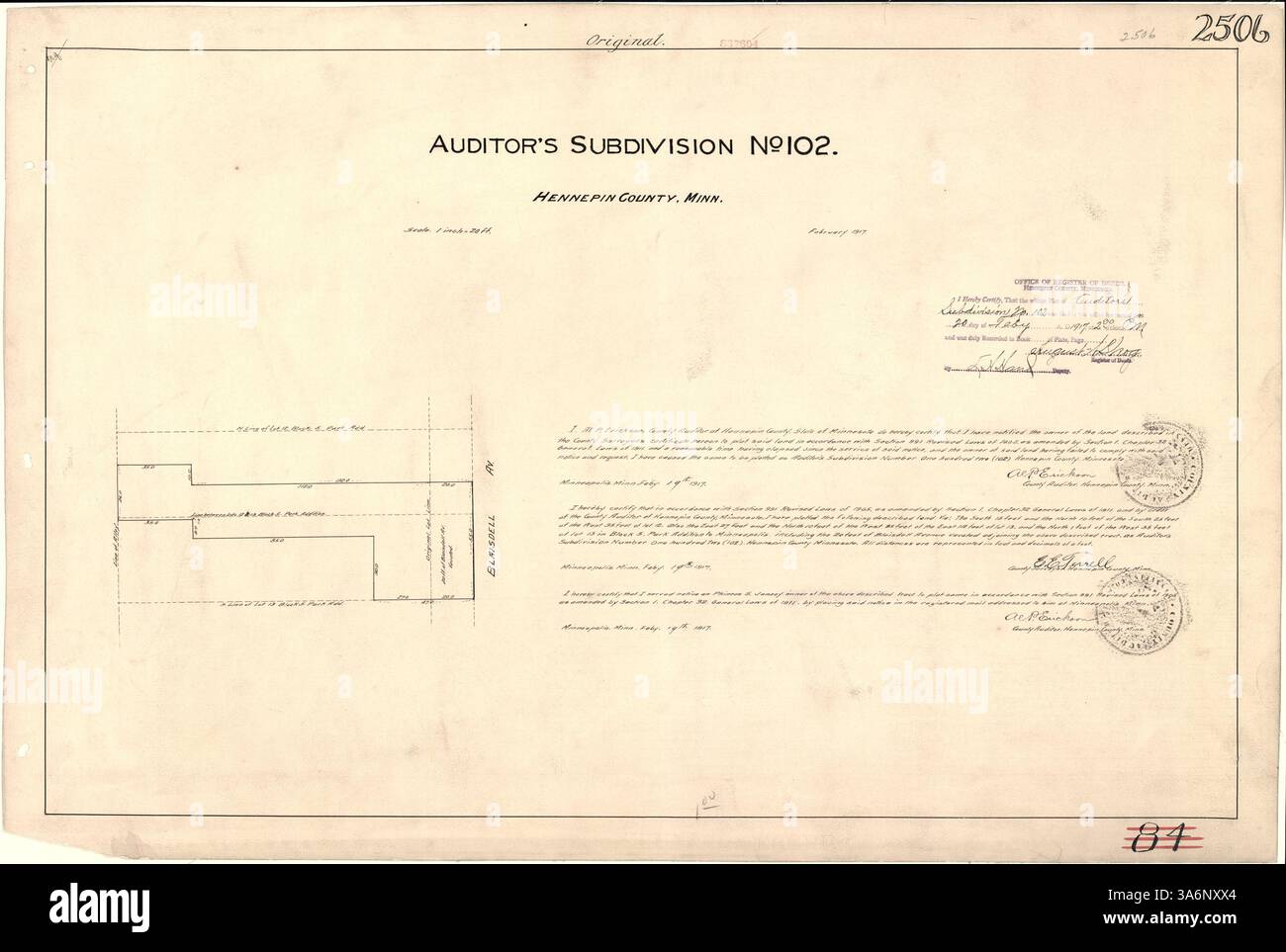 Auditor's Subdivision No. 102 in Minneapolis, einem ausgewiesenen Gebiet innerhalb der Stadt, gekennzeichnet durch frühe städtebauliche Aufzeichnungen. Stockfoto