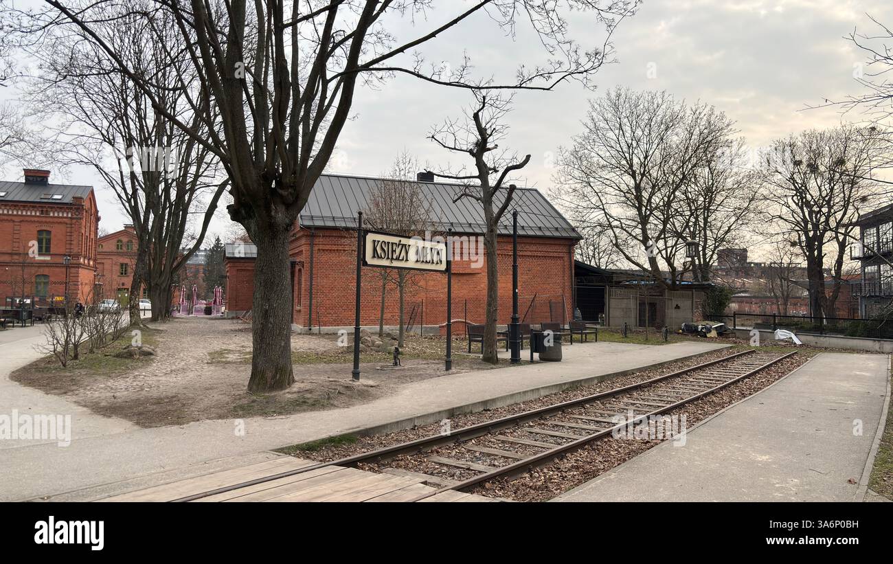 Polen - 20. März 2025: Städtische Straßenansicht in Lodz, Polen. Architektur, Gebäude und Geschäfte in dieser polnischen Stadt Łódź. - Smartphone-aufgenommenes Stockfoto