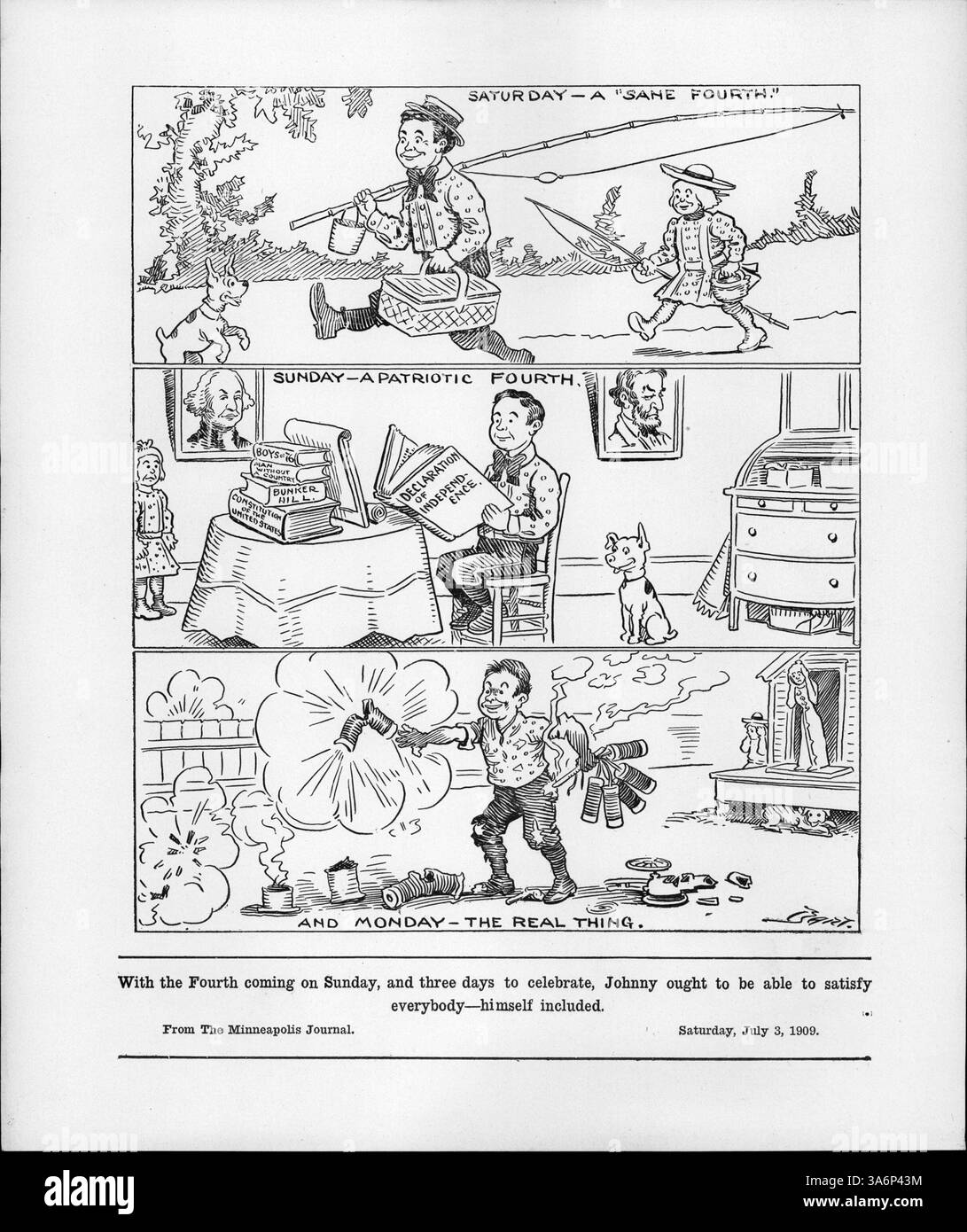 Ein humorvoller Cartoon, der einen Jungen zeigt, der das 4. Juli-Wochenende feiert. Die Tafeln veranschaulichen verschiedene Aktivitäten für jeden Tag: Angeln, Geschichtsstudium und das Genießen von Feuerwerken. Stockfoto