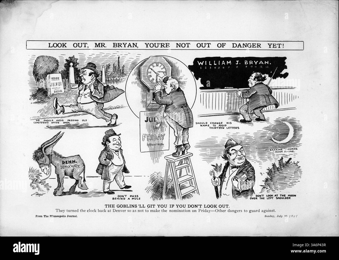 Ein politischer Zeichentrickfilm über die Demokratische Nationalversammlung. Der Cartoon zeigt verschiedene Szenen mit William Jennings Bryan, darunter Aberglauben über seinen Namen und seine Handlungen. Eine Uhr wird eingestellt, und Bryan ist umgeben von Symbolen politischer Vorsicht. Stockfoto