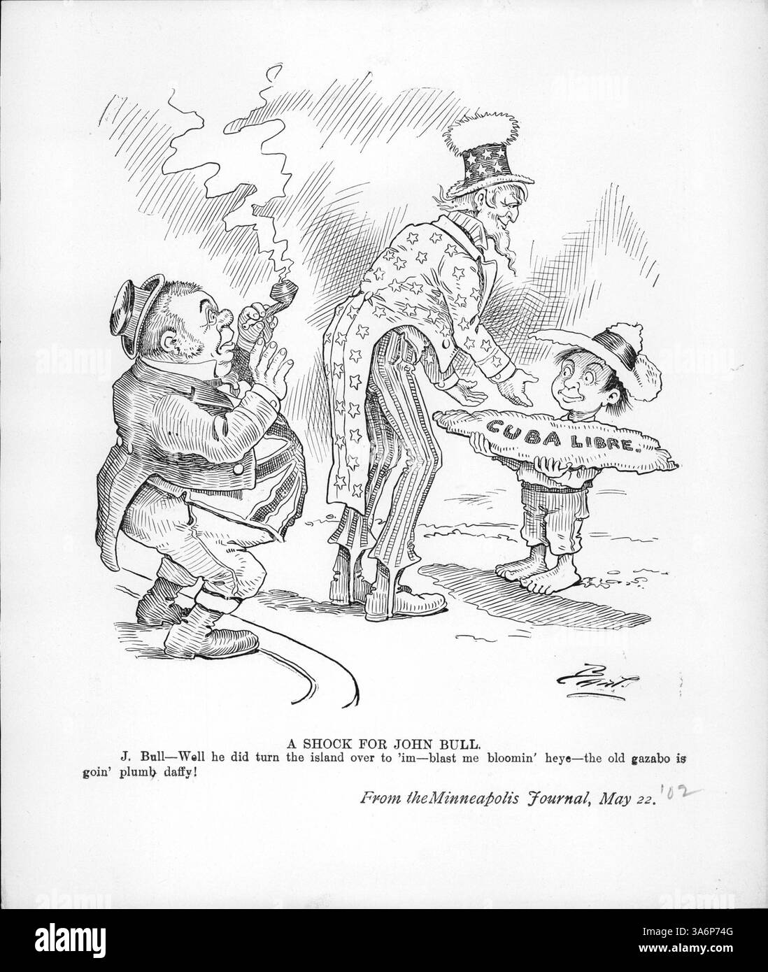 Diese Illustration aus „Ein Schock für John Bull“ zeigt, wie Onkel Sam Kuba seine Insel, Cuba Libre, zurückgibt und John Bull erschreckt Das Bild spiegelt die politische Spannung der damaligen Zeit wider: Die USA gewährten Kuba die Unabhängigkeit, während Großbritannien während des Burenkrieges darum kämpfte, die Kontrolle über seine Kolonien zu behalten. Stockfoto