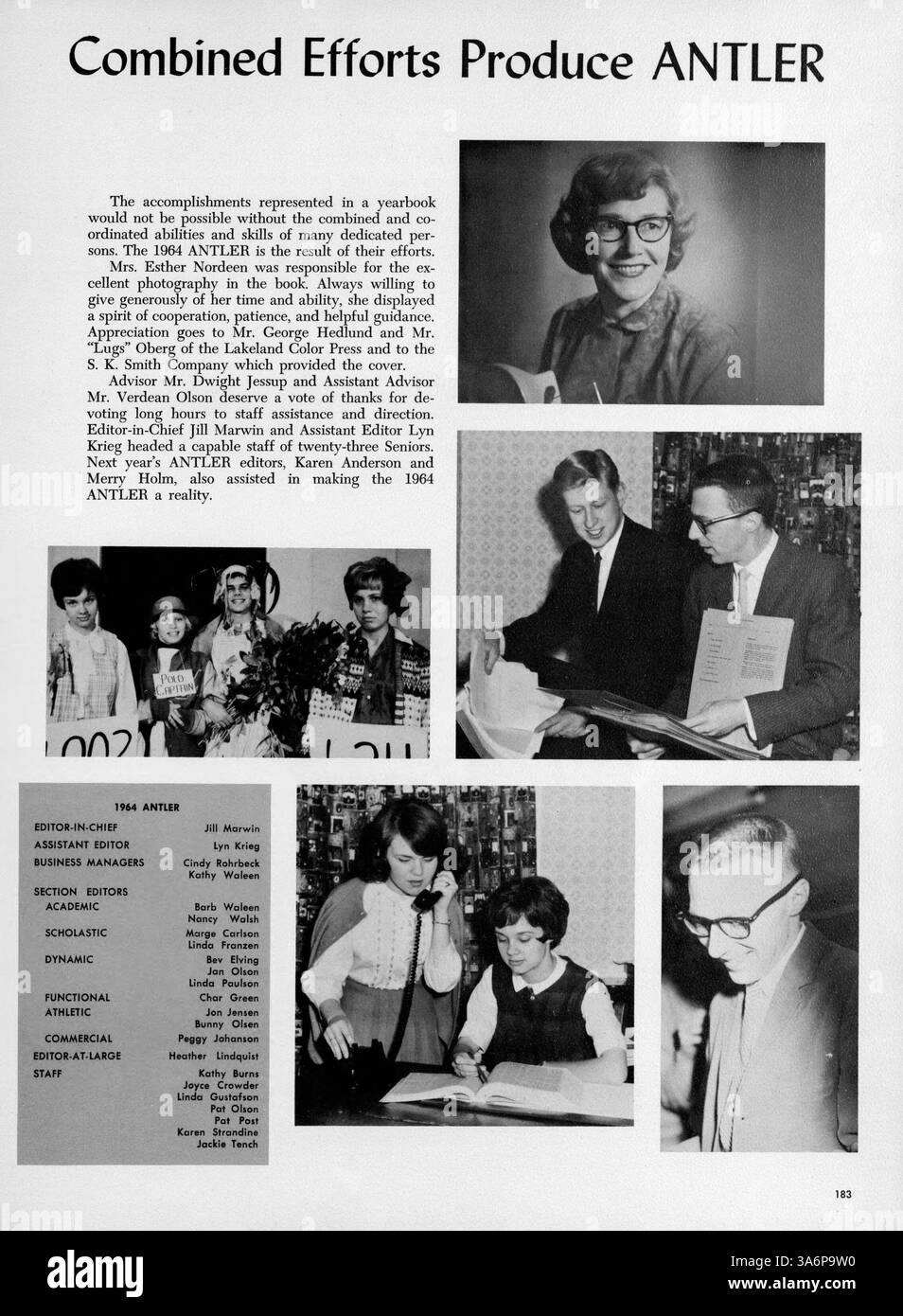 Das Geweih Jahrbuch 1964 von der Minnehaha Academy zeigt die Höhepunkte des akademischen Jahres 1963-1964, darunter Studenten, Dozenten, Vereine, Leichtathletik, und Großveranstaltungen. Stockfoto