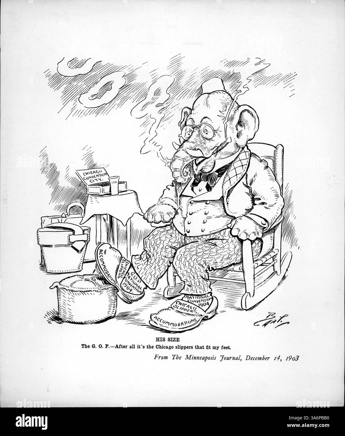 In einem humorvollen Zeichentrick aus dem Jahr 1904 wird der GOP Elefant beim Anziehen von Hausschuhen dargestellt, ein Hinweis auf die Republican National Convention, die in diesem Jahr in Chicago stattfand. Stockfoto
