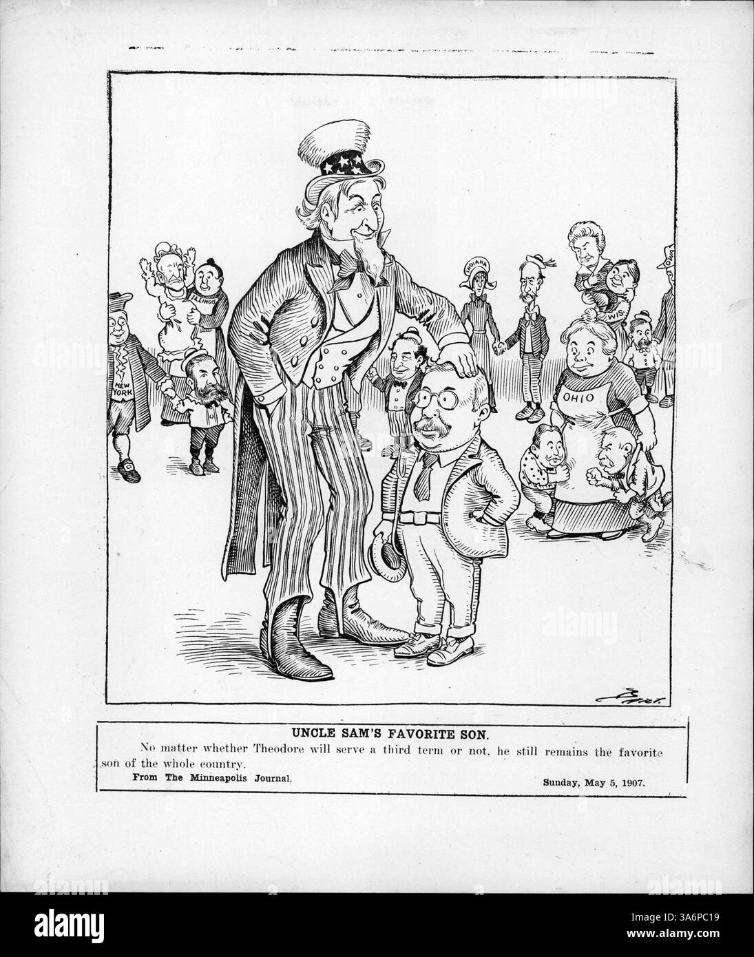 „Onkel Sam's Favorite Son“ zeigt die politische Landschaft mit Präsident Theodore Roosevelt als Lieblingsohn, obwohl er sich für eine dritte Amtszeit nicht mehr kandidieren wollte, was seine immense Popularität im ganzen Land repräsentiert. Stockfoto „Onkel Sam's Favorite Son“ zeigt die politische Landschaft mit Präsident Theodore Roosevelt als Lieblingsohn, obwohl er sich für eine dritte Amtszeit nicht mehr kandidieren wollte, was seine immense Popularität im ganzen Land repräsentiert. Stockfoto